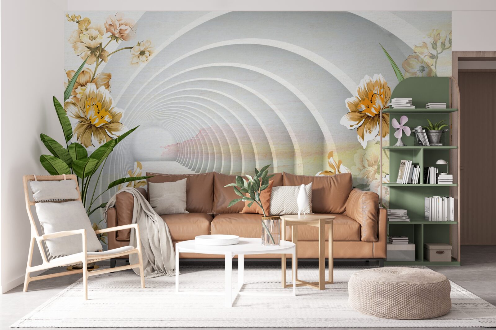 Papier peint Arches décorées de fleurs blanches