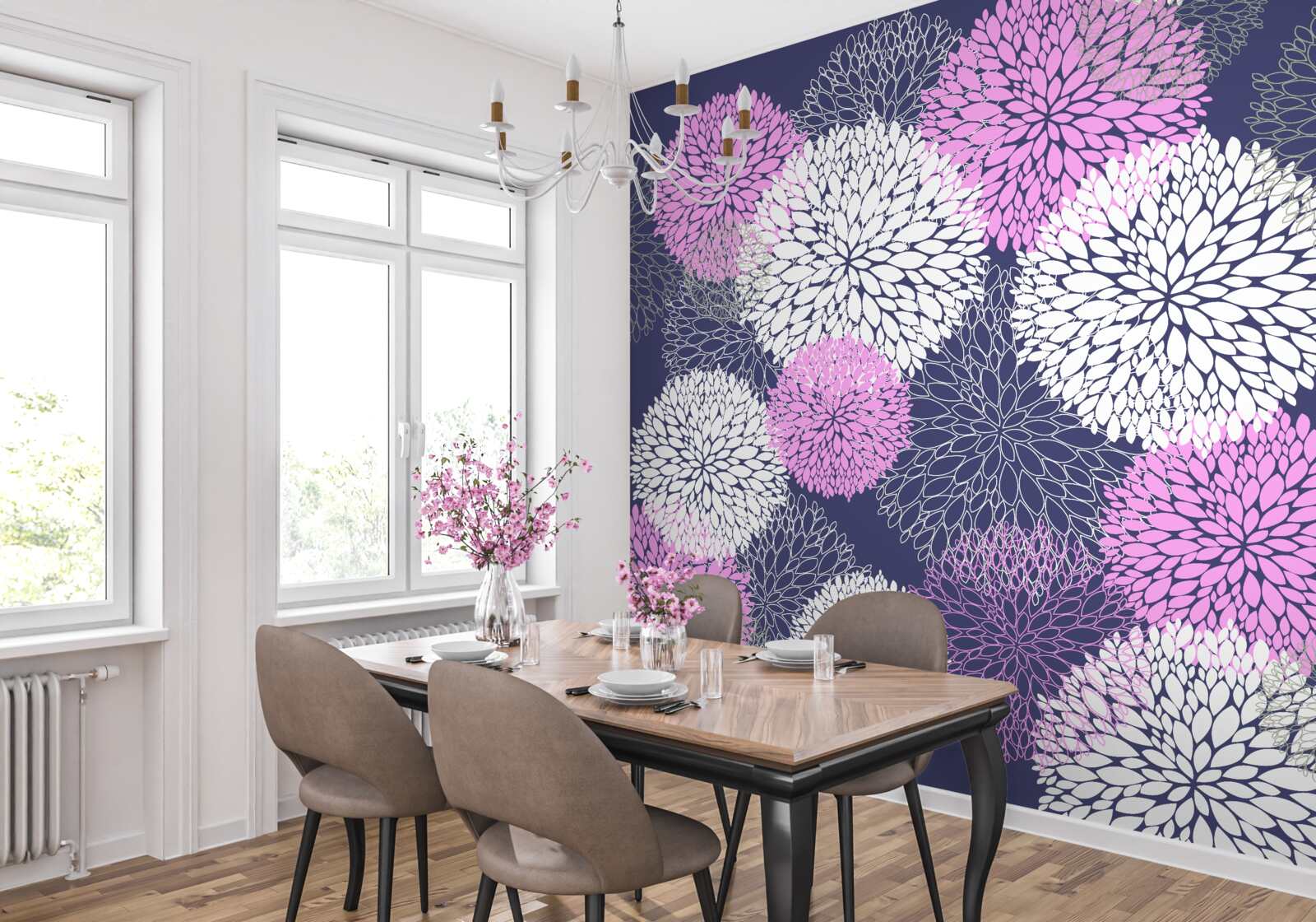 Papier peint anémones roses et blanches