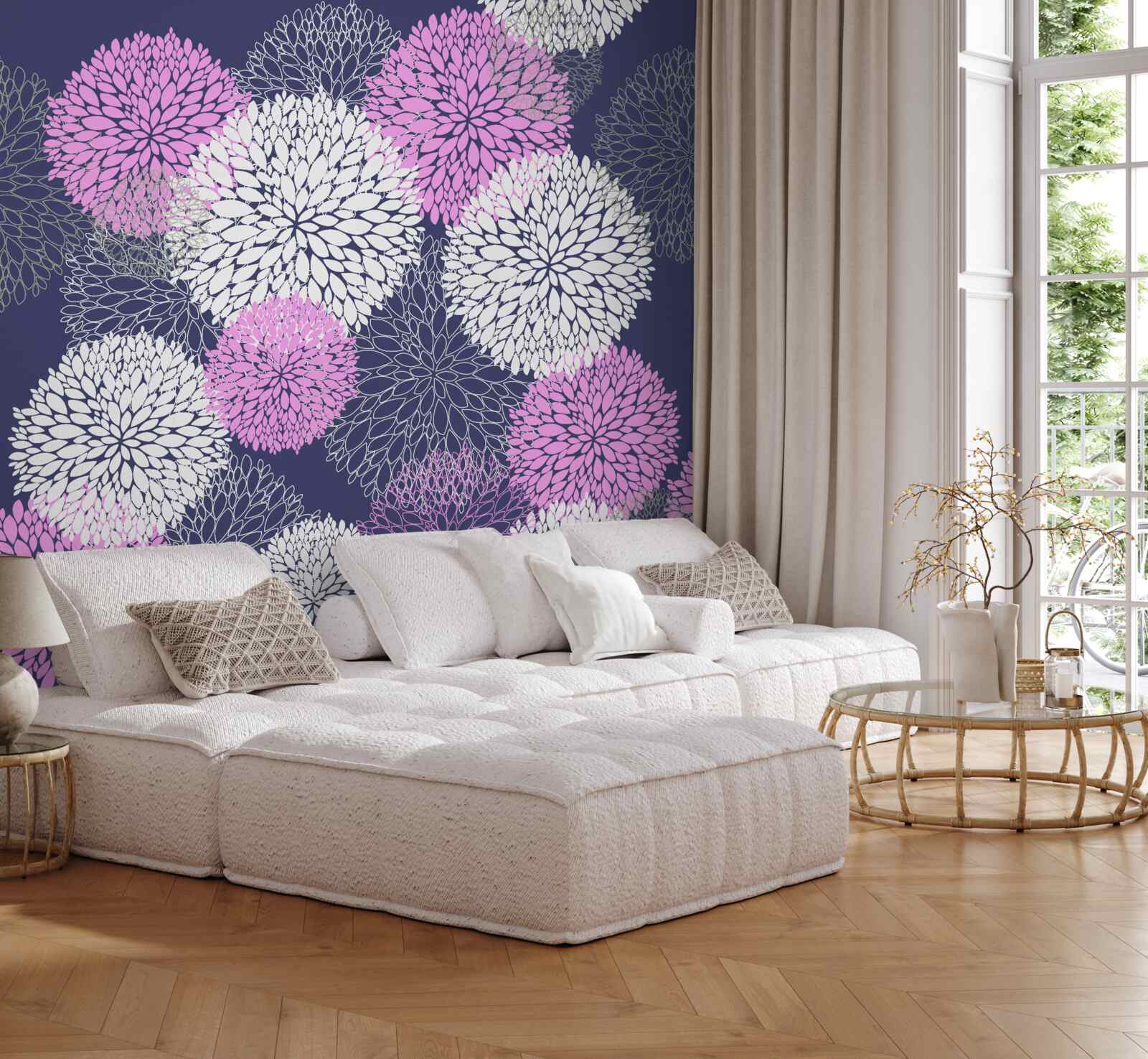 Papier peint anémones roses et blanches