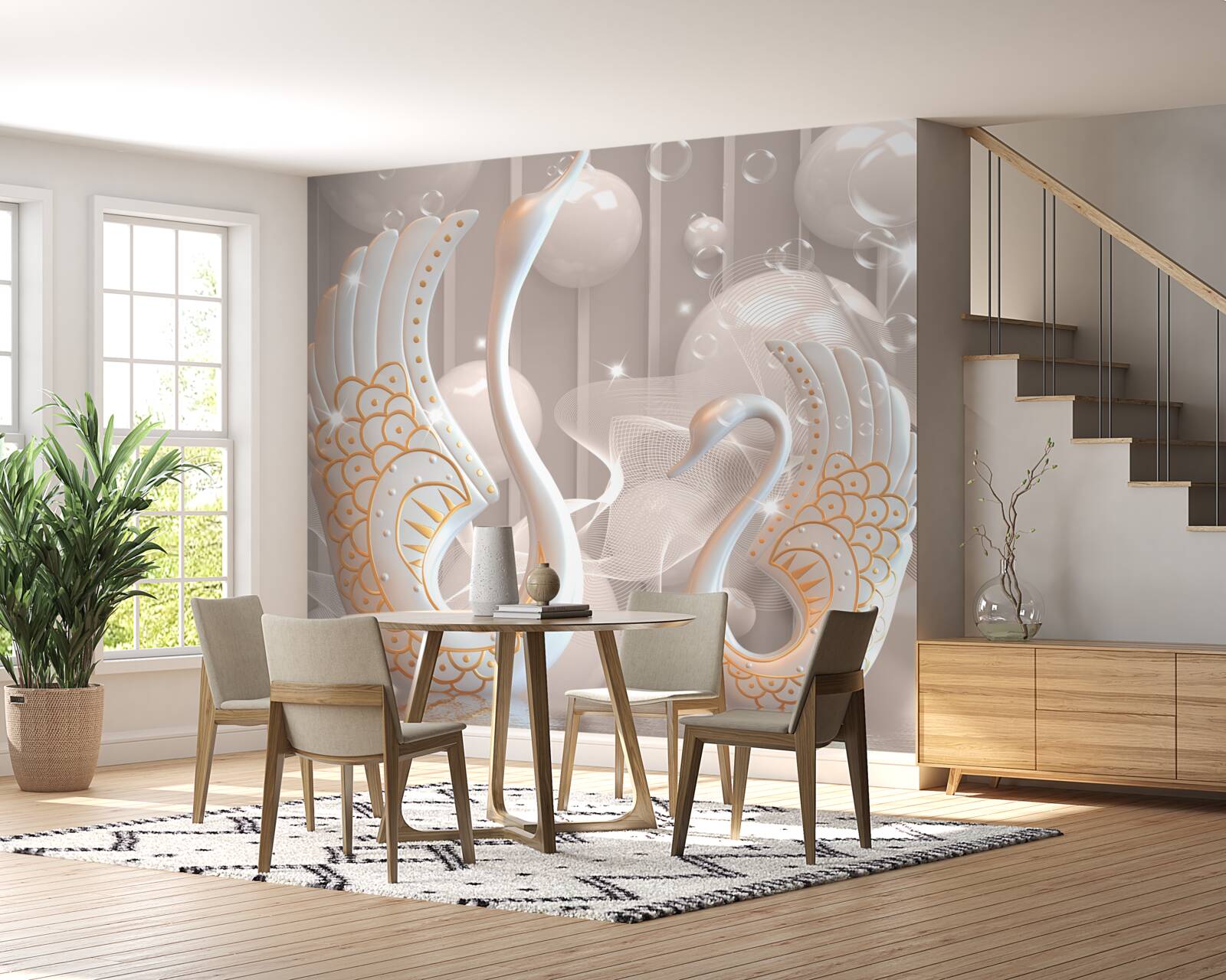 Papier peint deux cygnes blancs comme neige dans un cadre doré