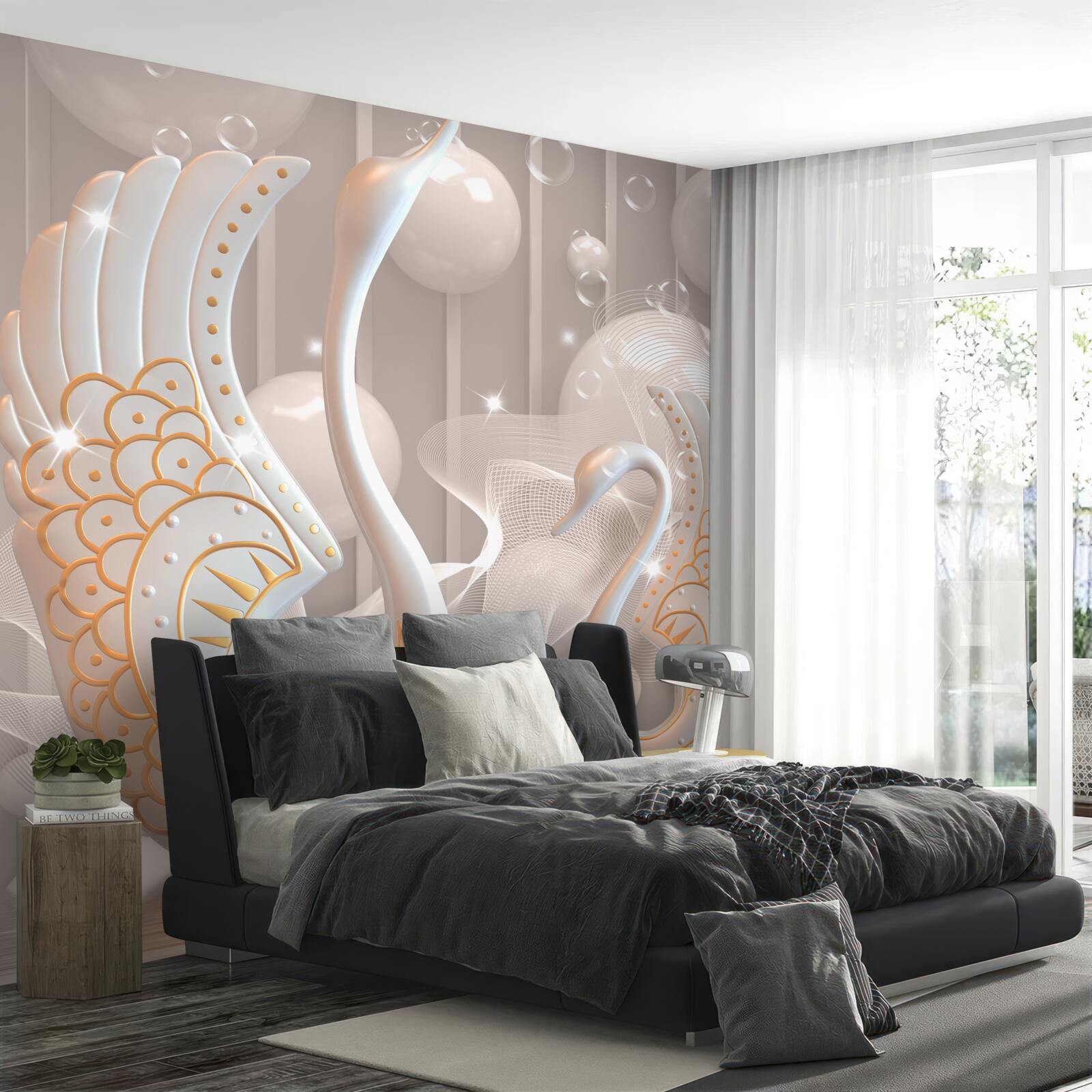 Papier peint deux cygnes blancs comme neige dans un cadre doré