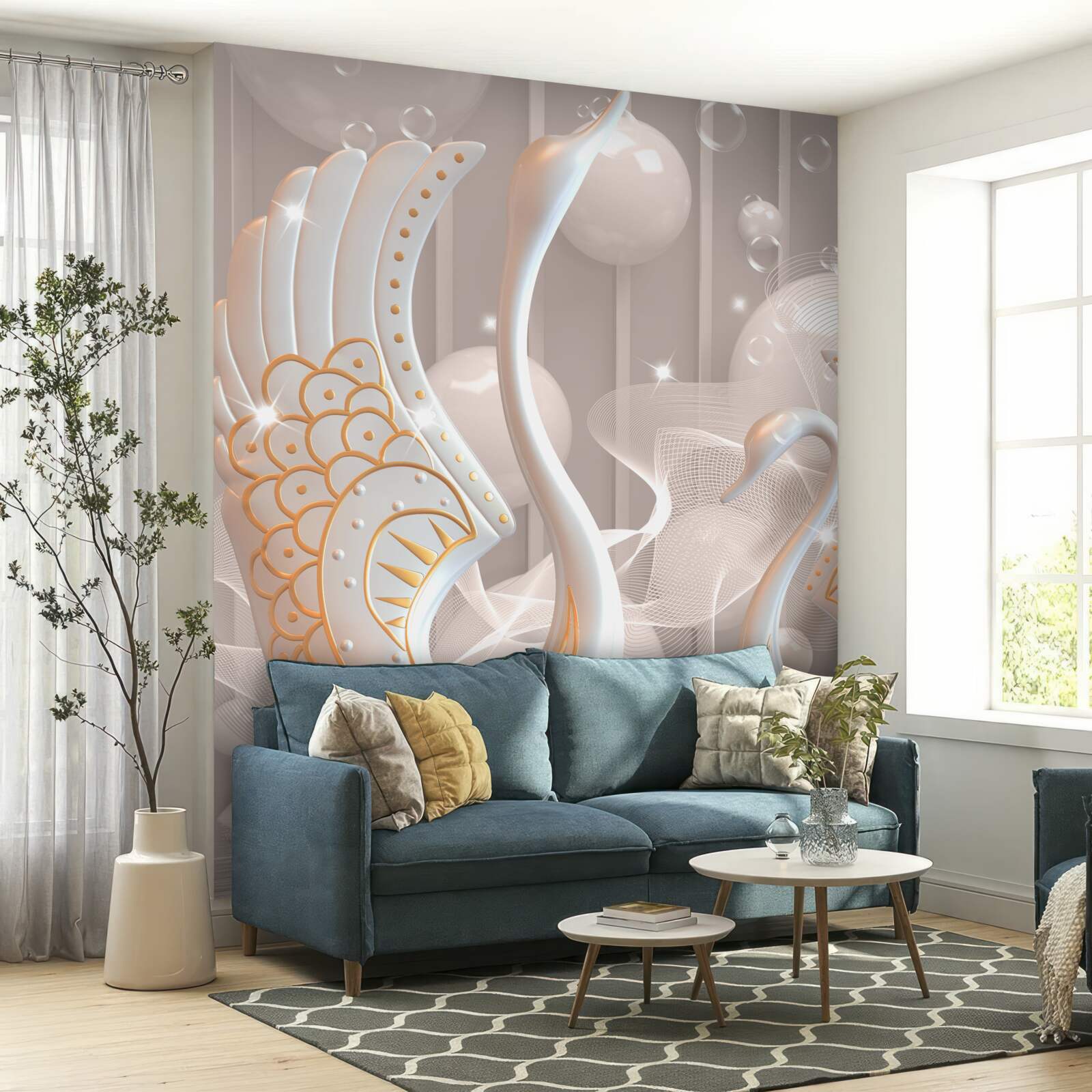 Papier peint deux cygnes blancs comme neige dans un cadre doré