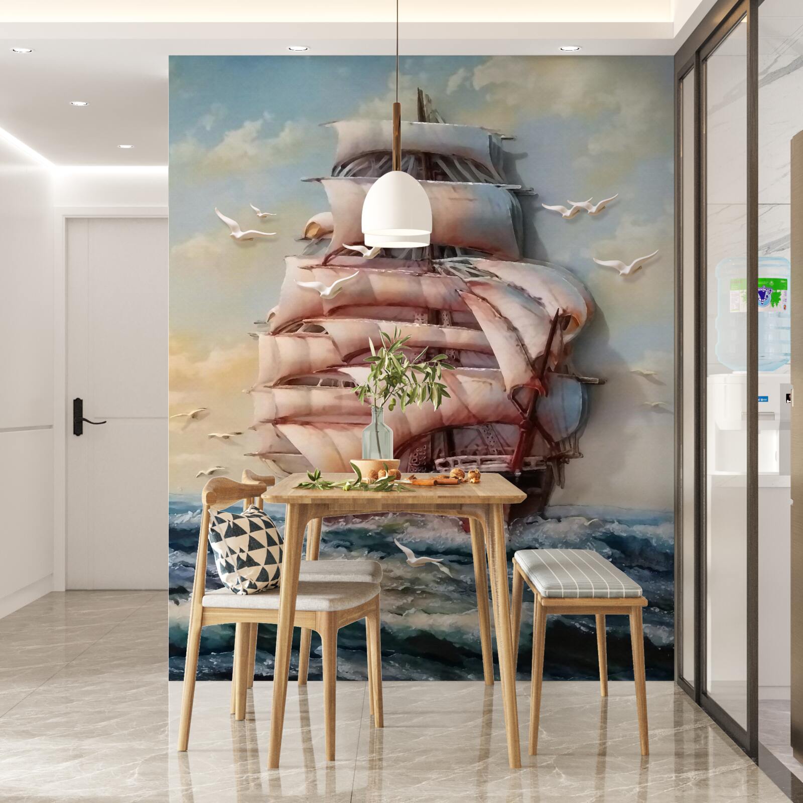 Papier peint navire élégant avec des voiles dans la tempête