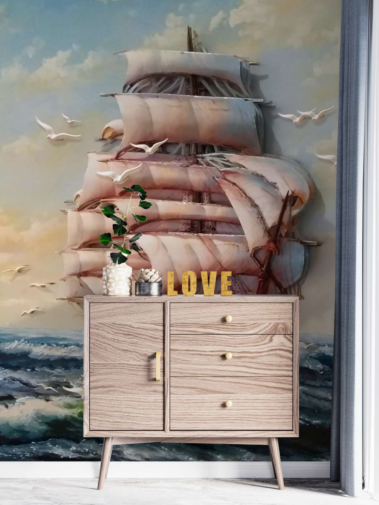 Papier peint navire élégant avec des voiles dans la tempête