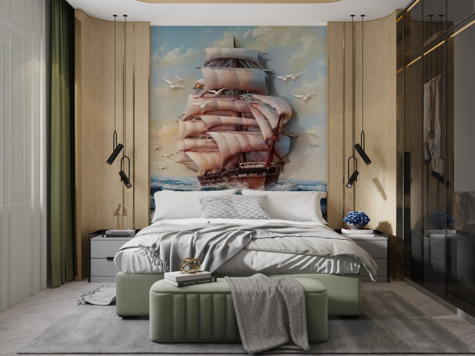 Papier peint navire élégant avec des voiles dans la tempête