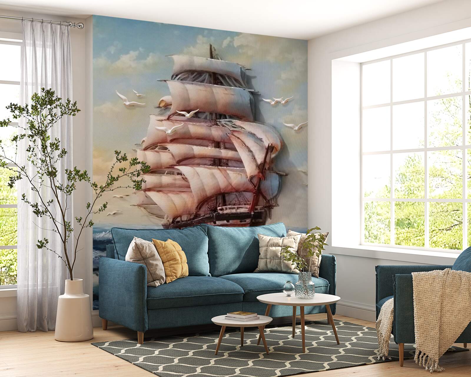 Papier peint navire élégant avec des voiles dans la tempête