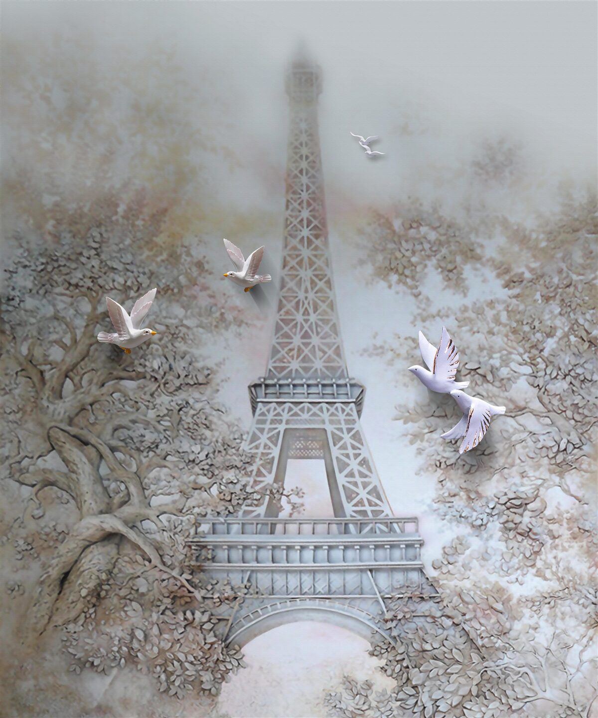 Papier peint la brume matinale entoure la tour eiffel