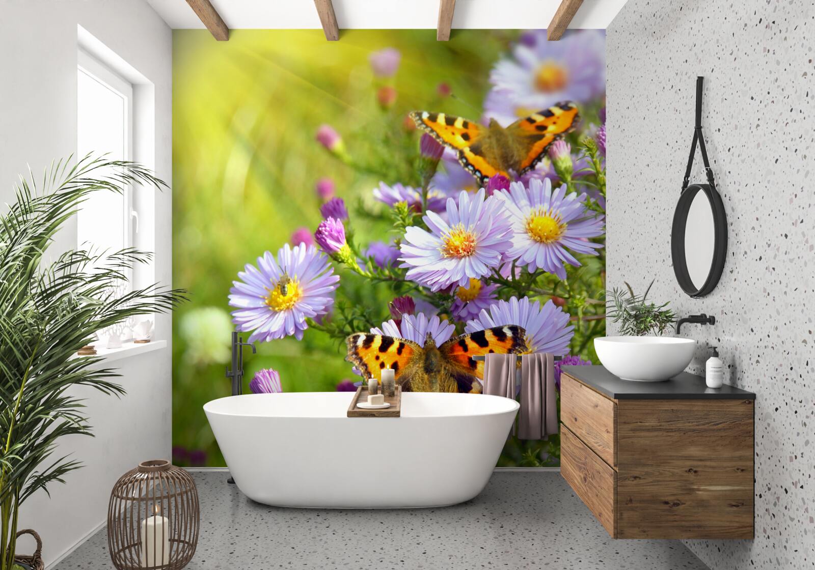 Papier peint Une prairie parsemée de marguerites bleues et de papillons