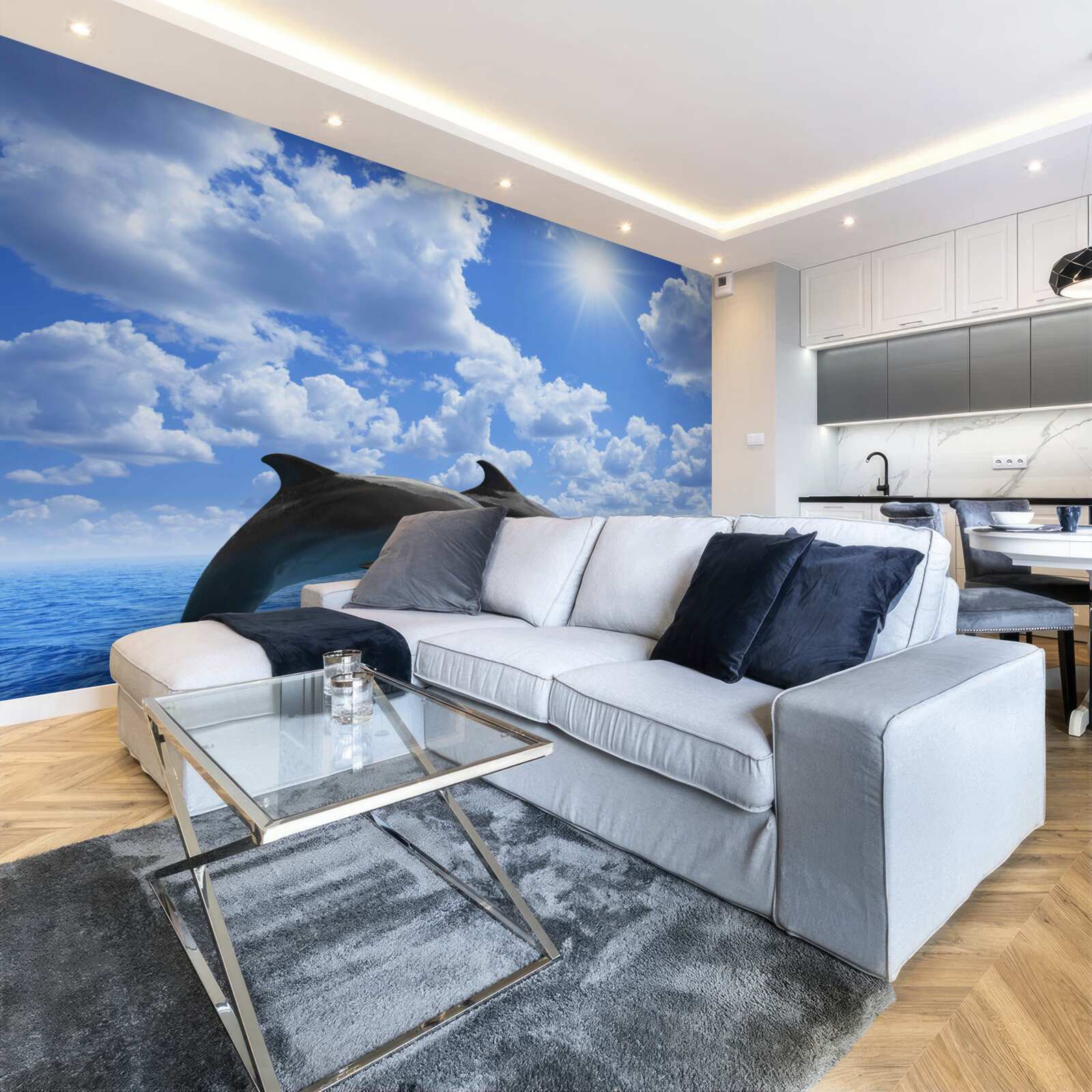 Papier peint dauphins sautant à la surface de l'eau