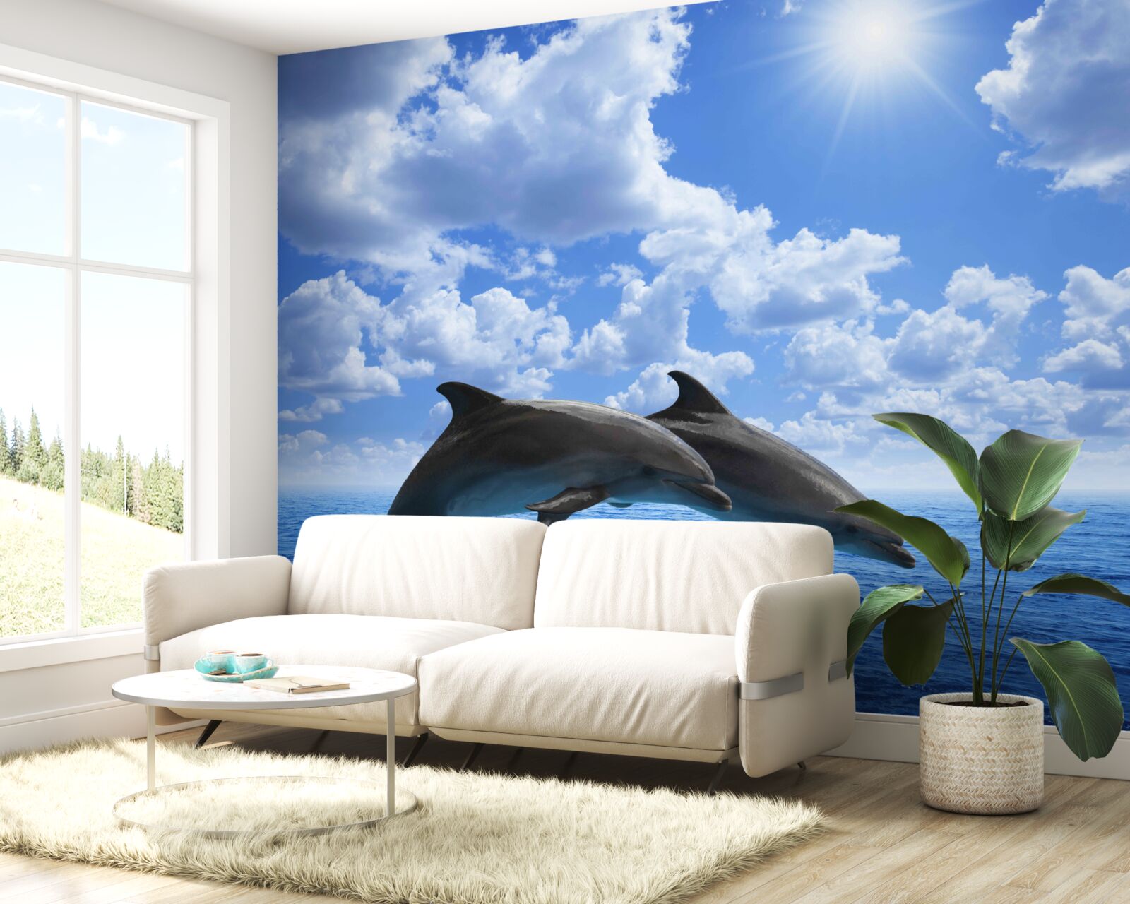 Papier peint dauphins sautant à la surface de l'eau