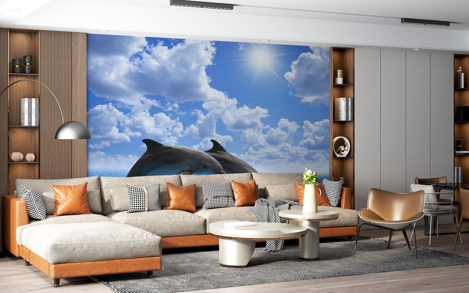 Papier peint dauphins sautant à la surface de l'eau