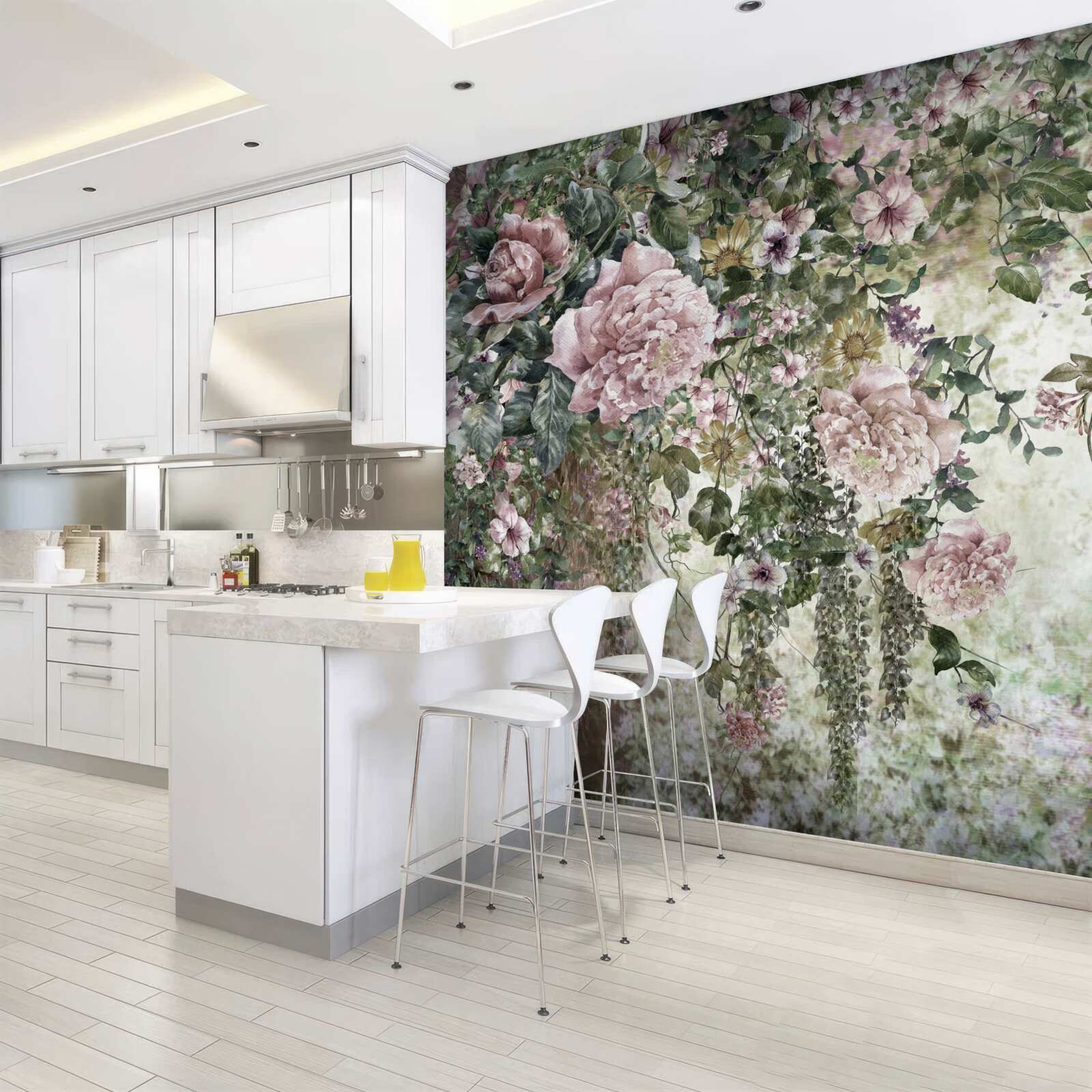 Papier peint de la verdure entourée d'une variété de fleurs printanières