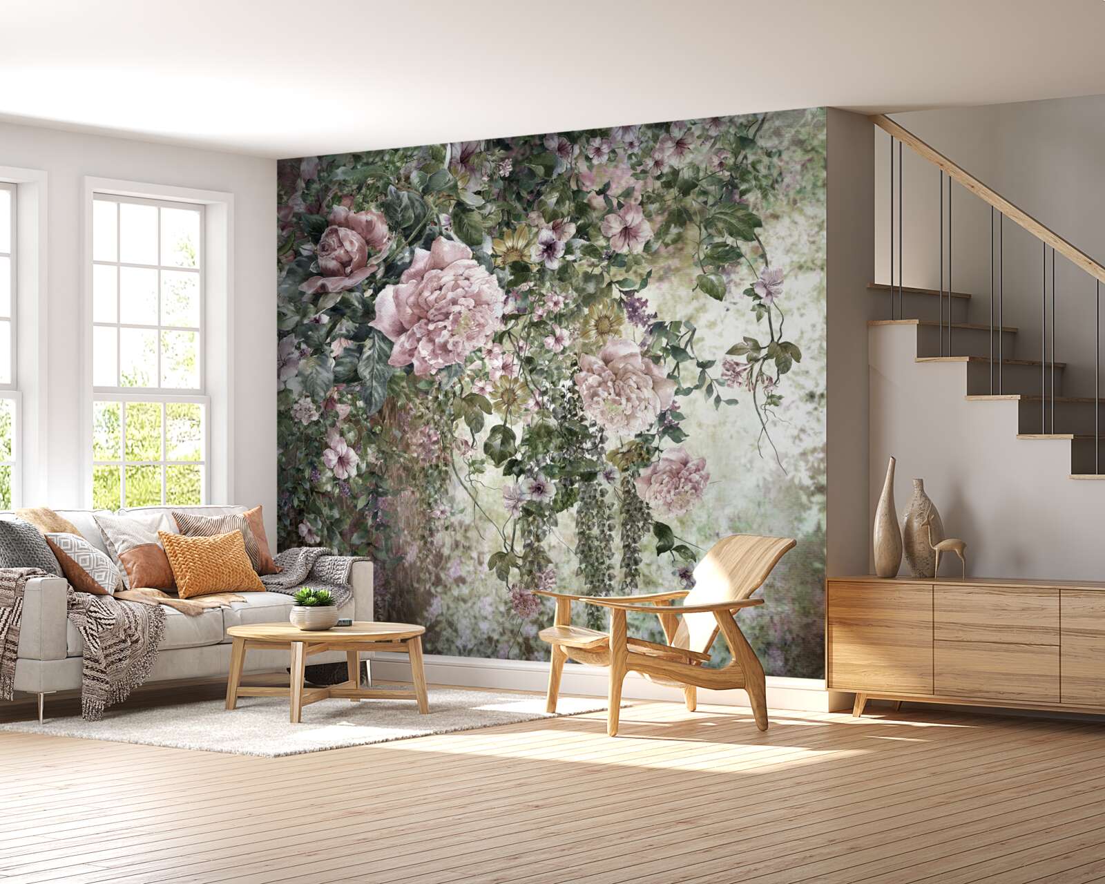 Papier peint de la verdure entourée d'une variété de fleurs printanières