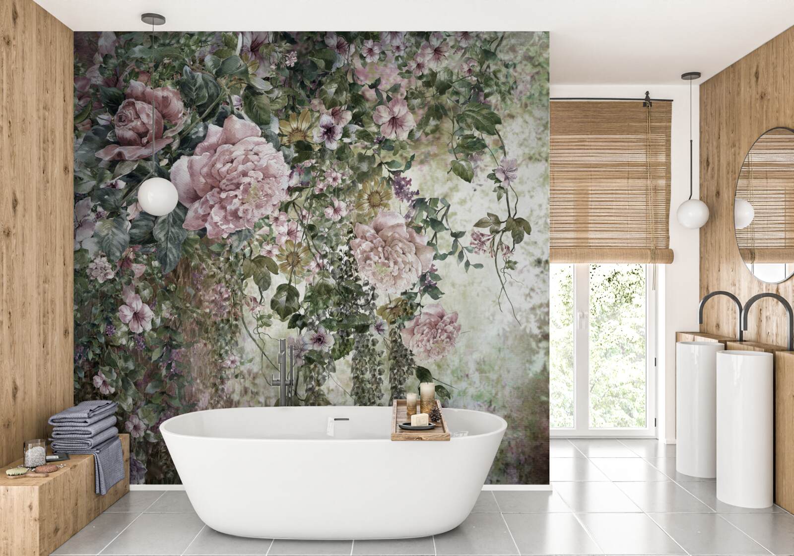 Papier peint de la verdure entourée d'une variété de fleurs printanières