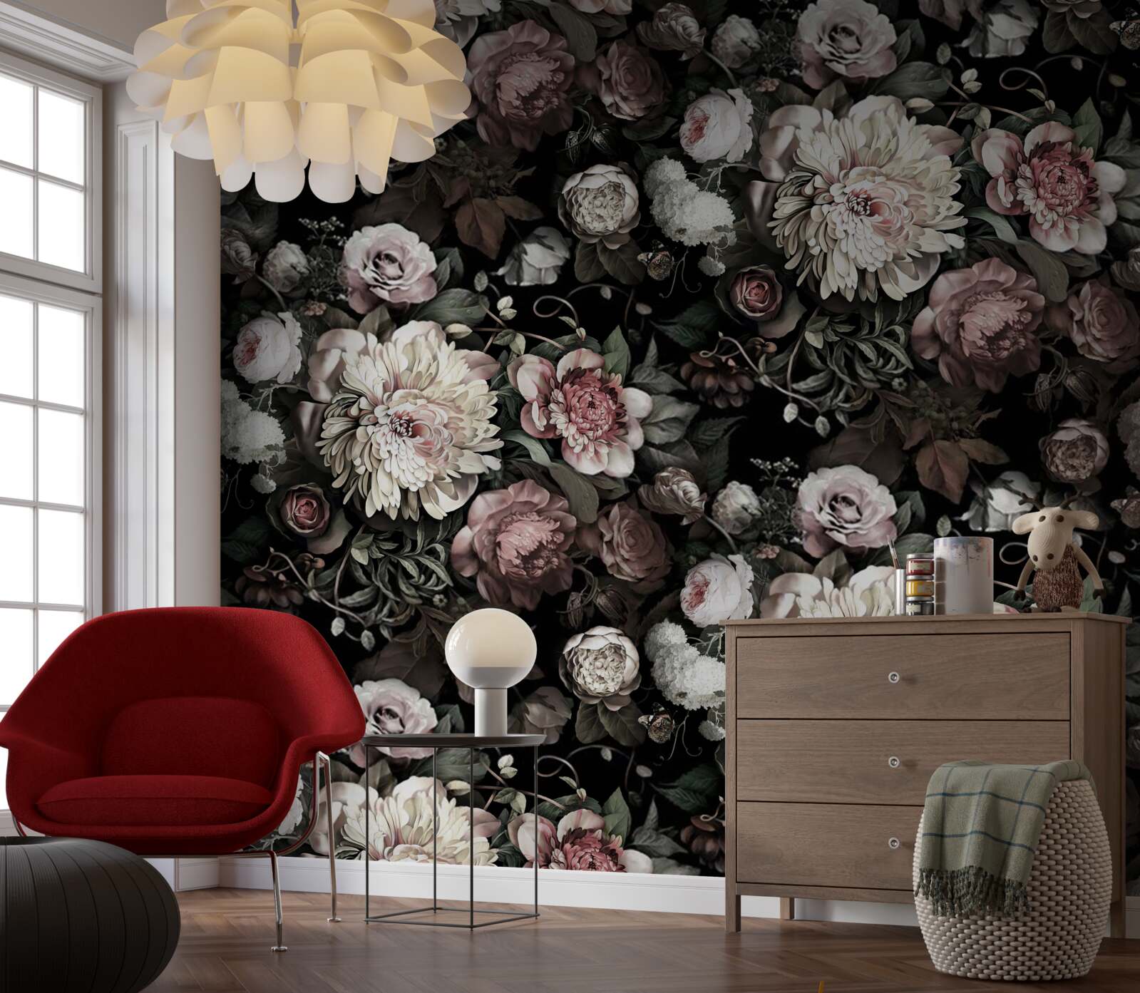 Papier peint composition de tons floraux légers