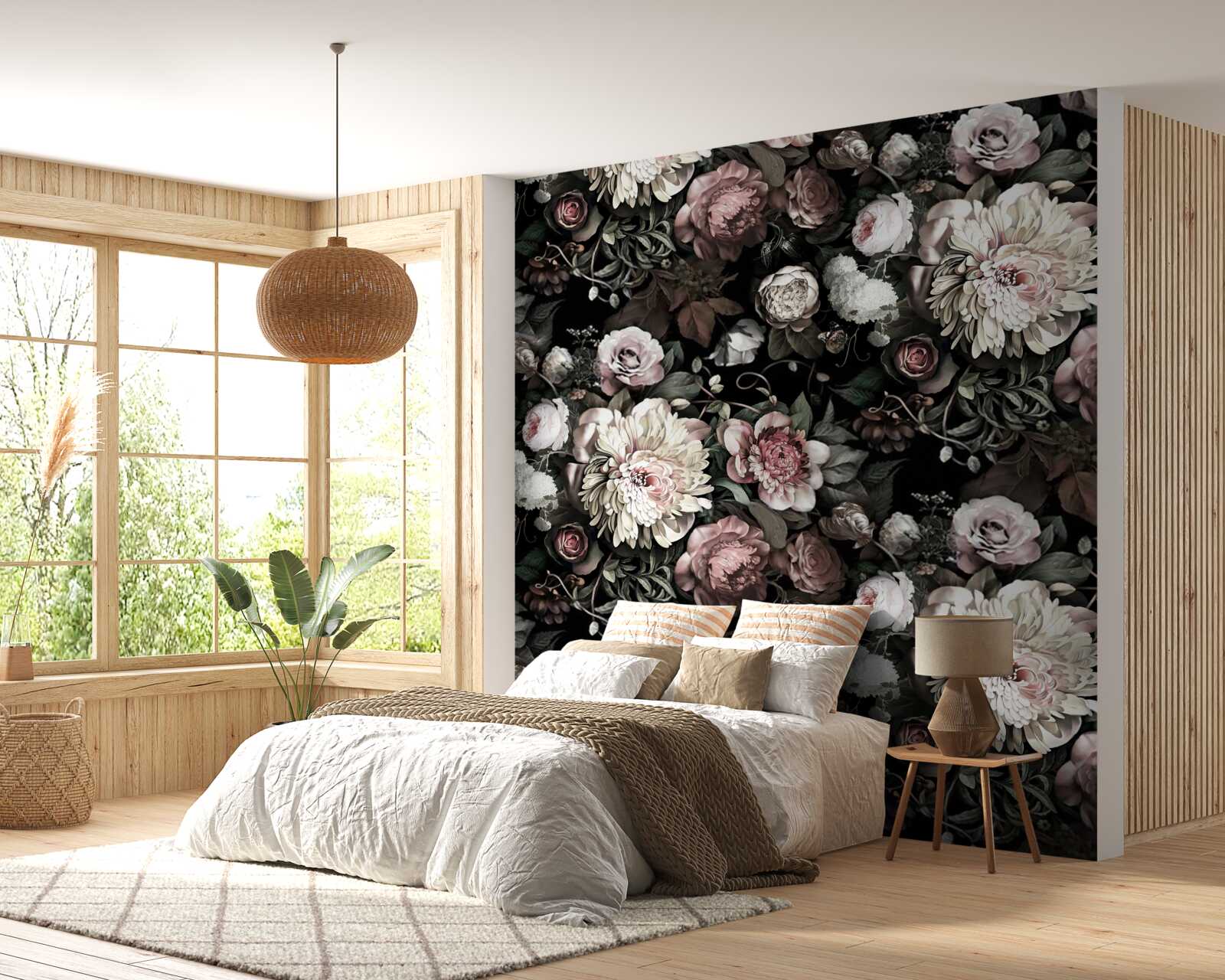 Papier peint composition de tons floraux légers