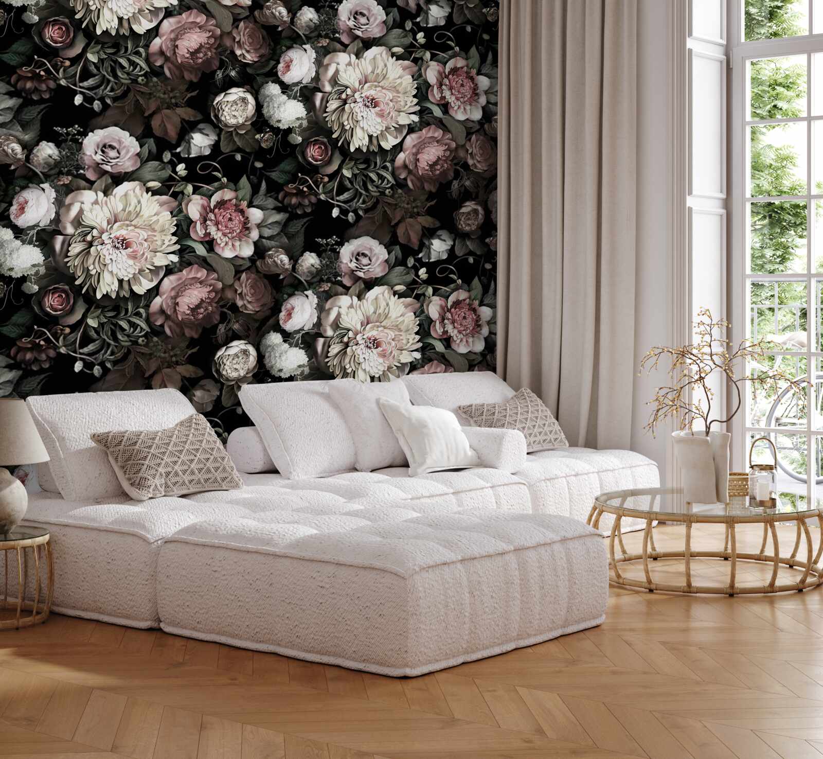 Papier peint composition de tons floraux légers