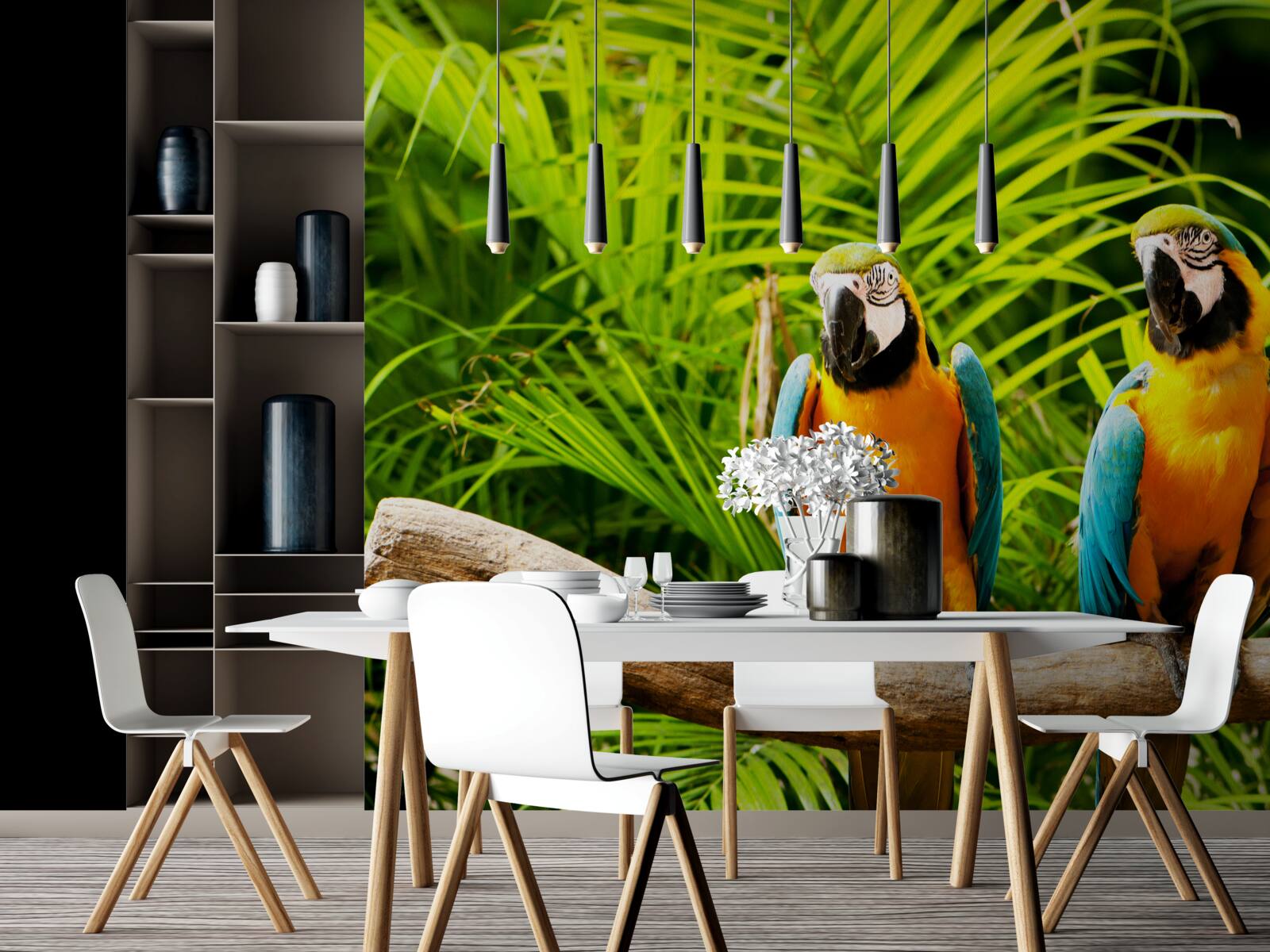 Papier peint famille de perroquets ara sur une branche entourée de verdure