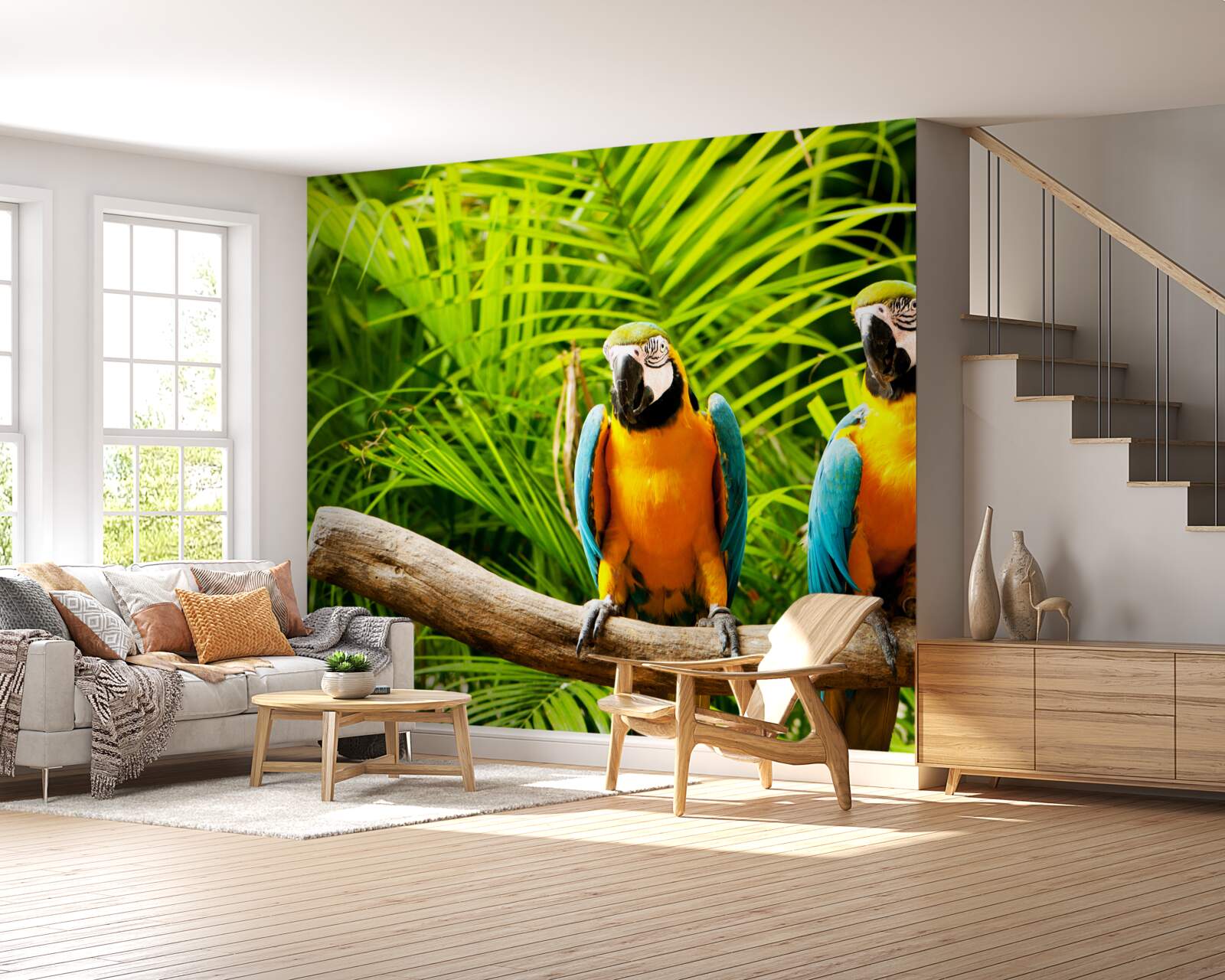 Papier peint famille de perroquets ara sur une branche entourée de verdure