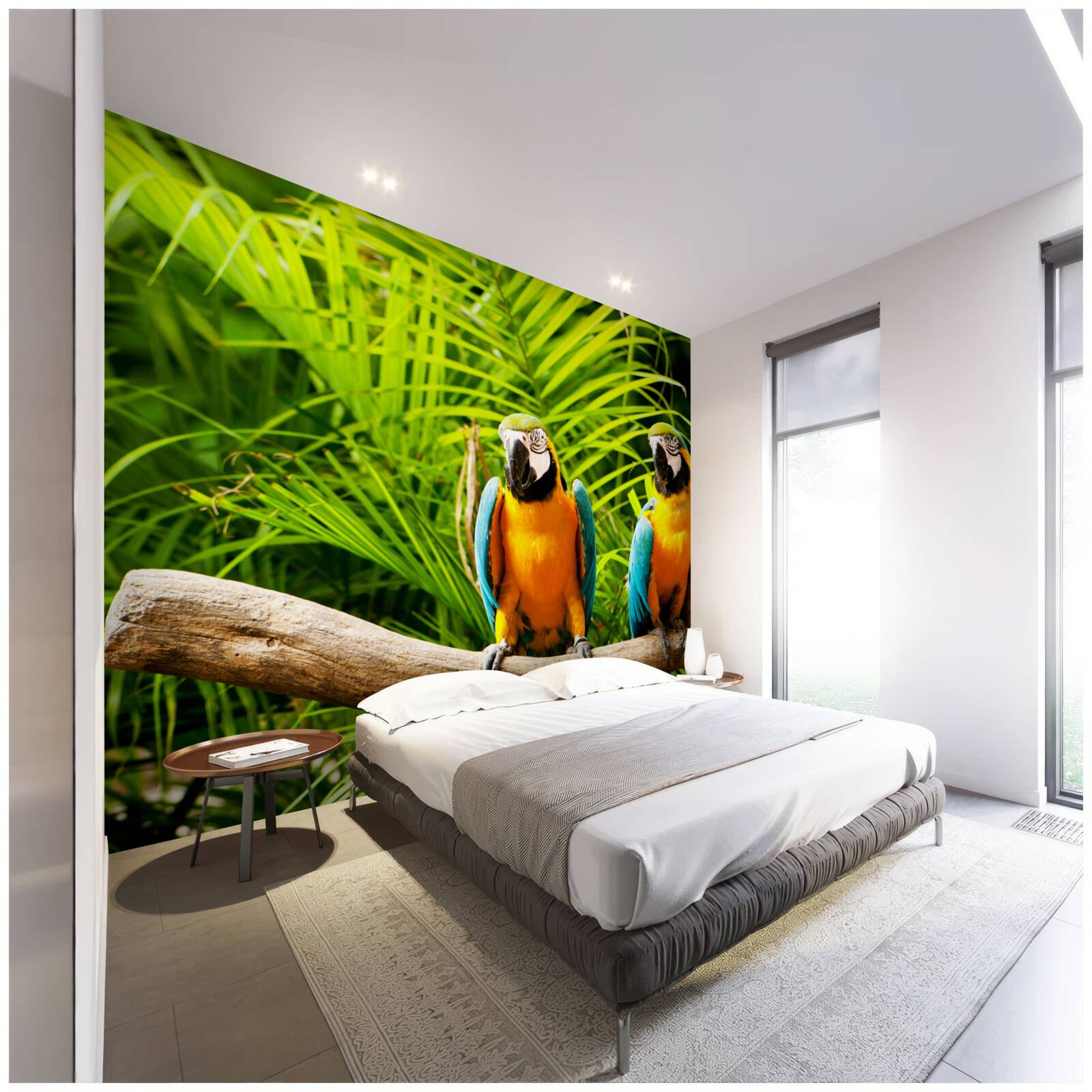 Papier peint famille de perroquets ara sur une branche entourée de verdure