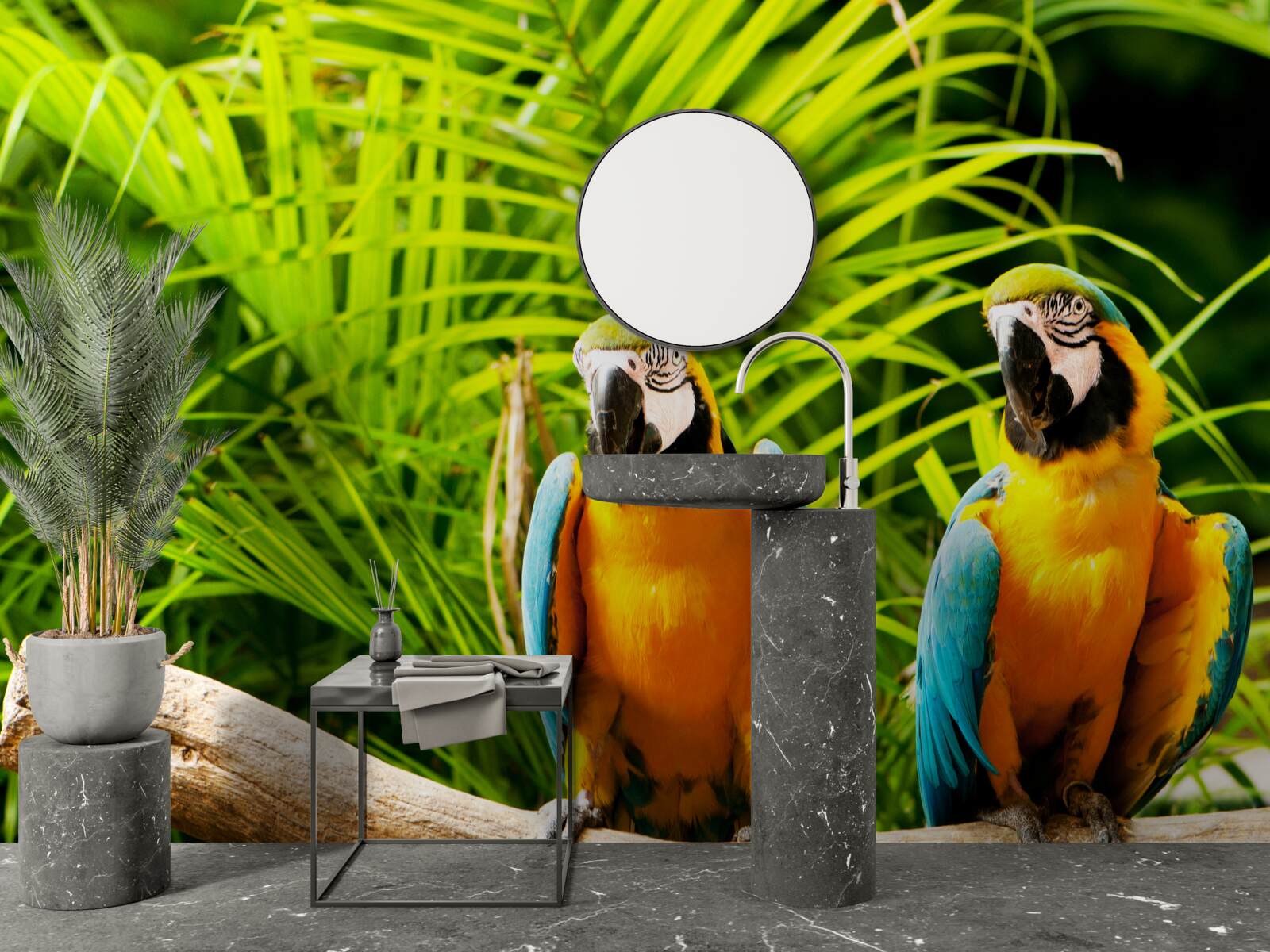 Papier peint famille de perroquets ara sur une branche entourée de verdure