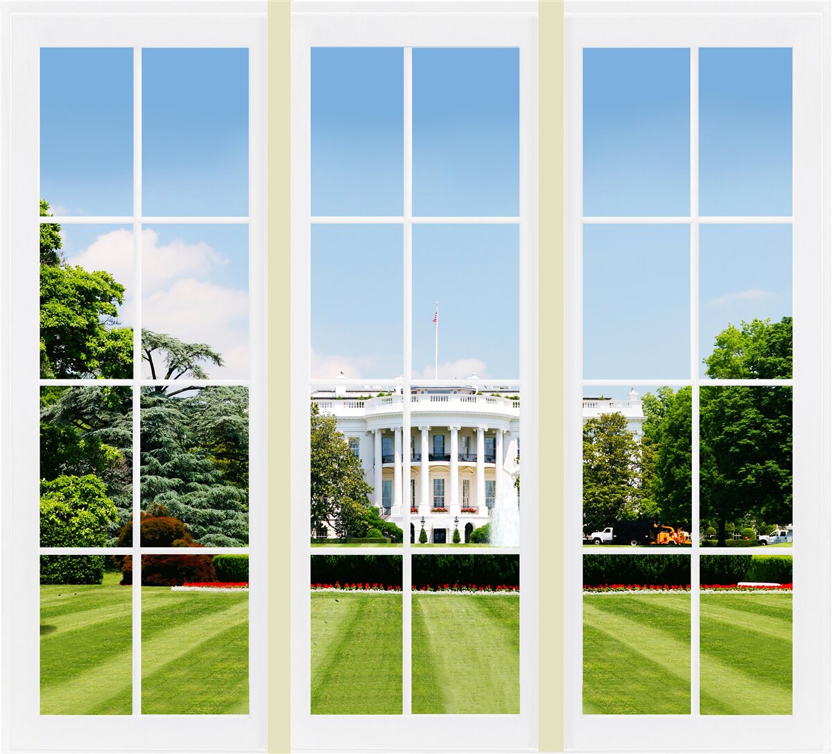 Papier peint la maison est blanche comme neige et les fenêtres donnent sur des prairies verdoyantes