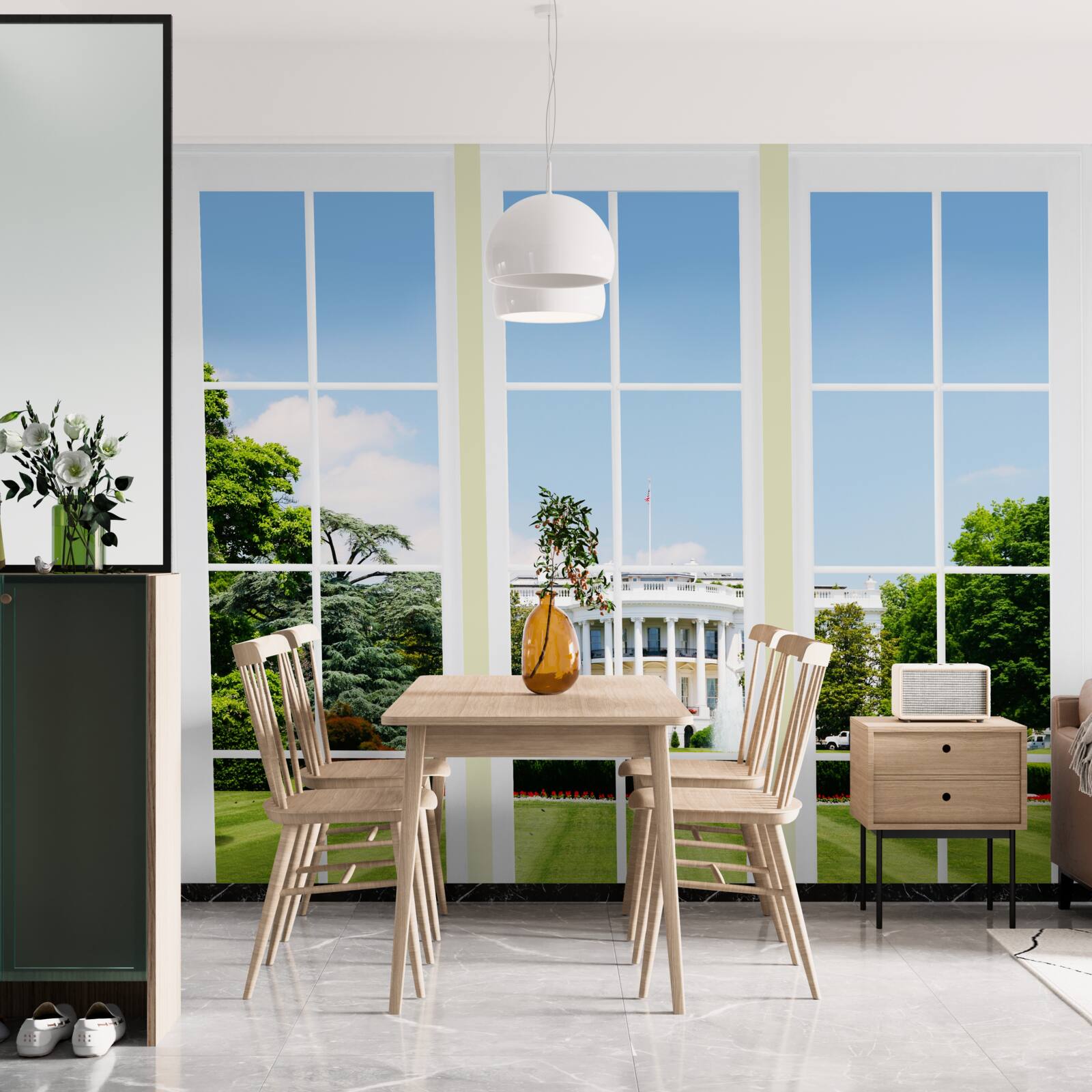 Papier peint la maison est blanche comme neige et les fenêtres donnent sur des prairies verdoyantes