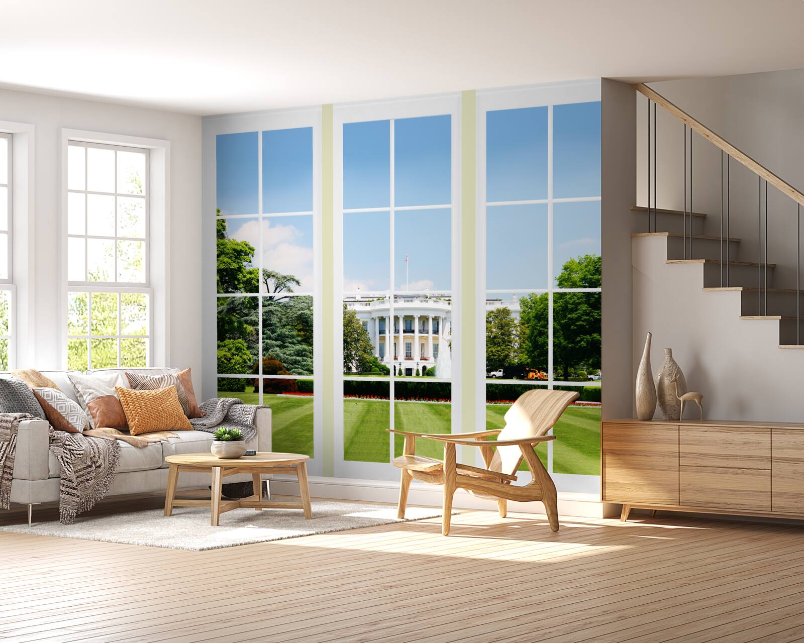 Papier peint la maison est blanche comme neige et les fenêtres donnent sur des prairies verdoyantes