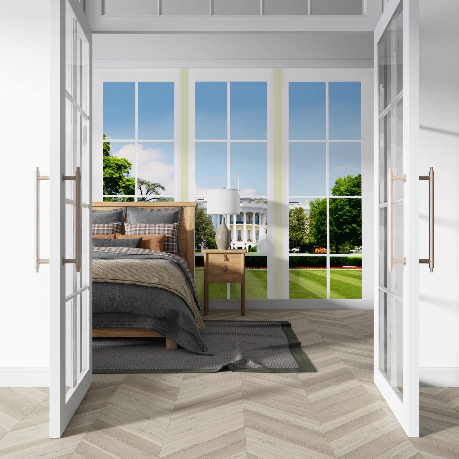 Papier peint la maison est blanche comme neige et les fenêtres donnent sur des prairies verdoyantes