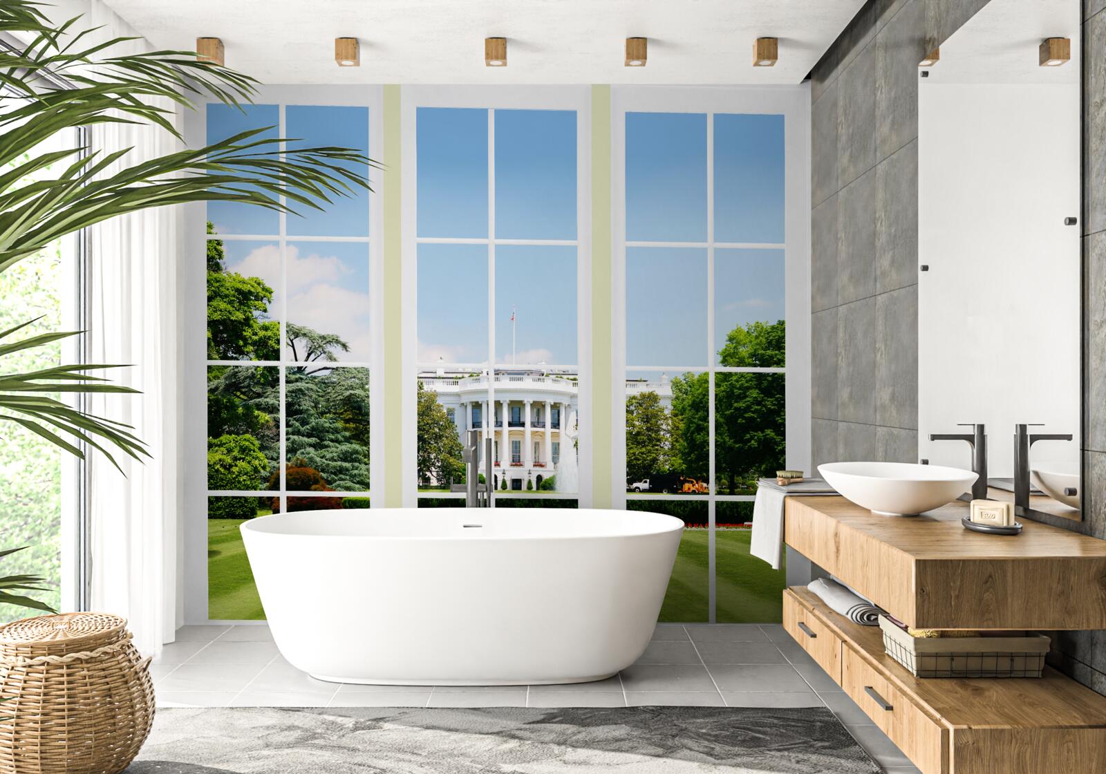 Papier peint la maison est blanche comme neige et les fenêtres donnent sur des prairies verdoyantes