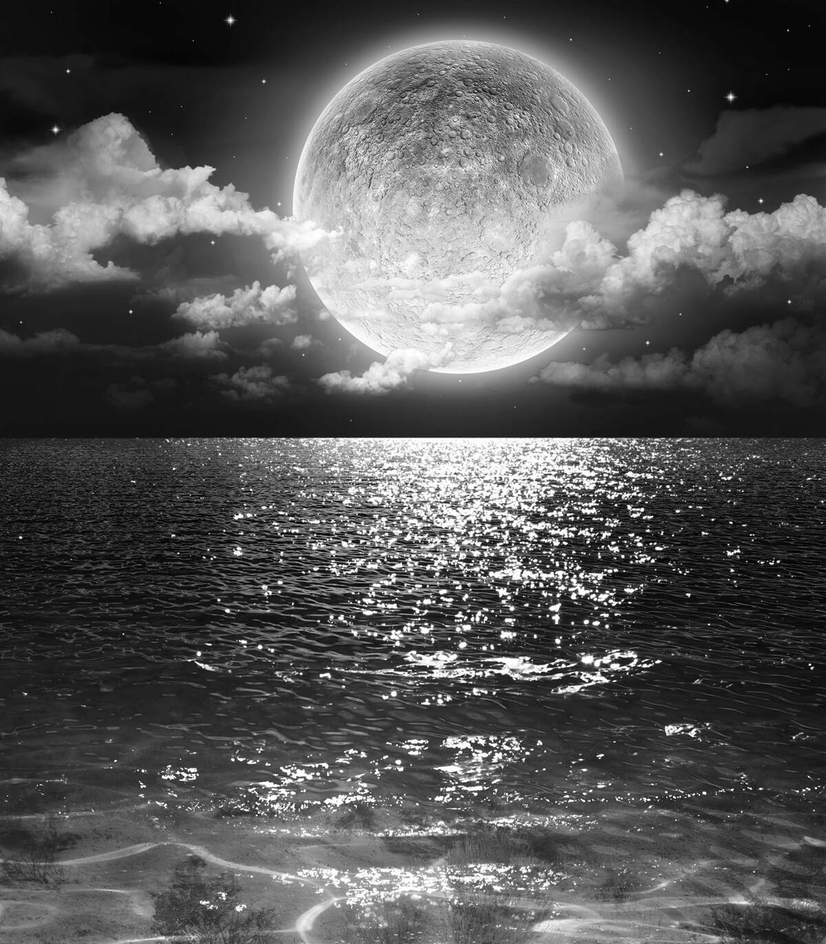 Papier peint coucher de soleil sur la mer sur la lune en noir et blanc