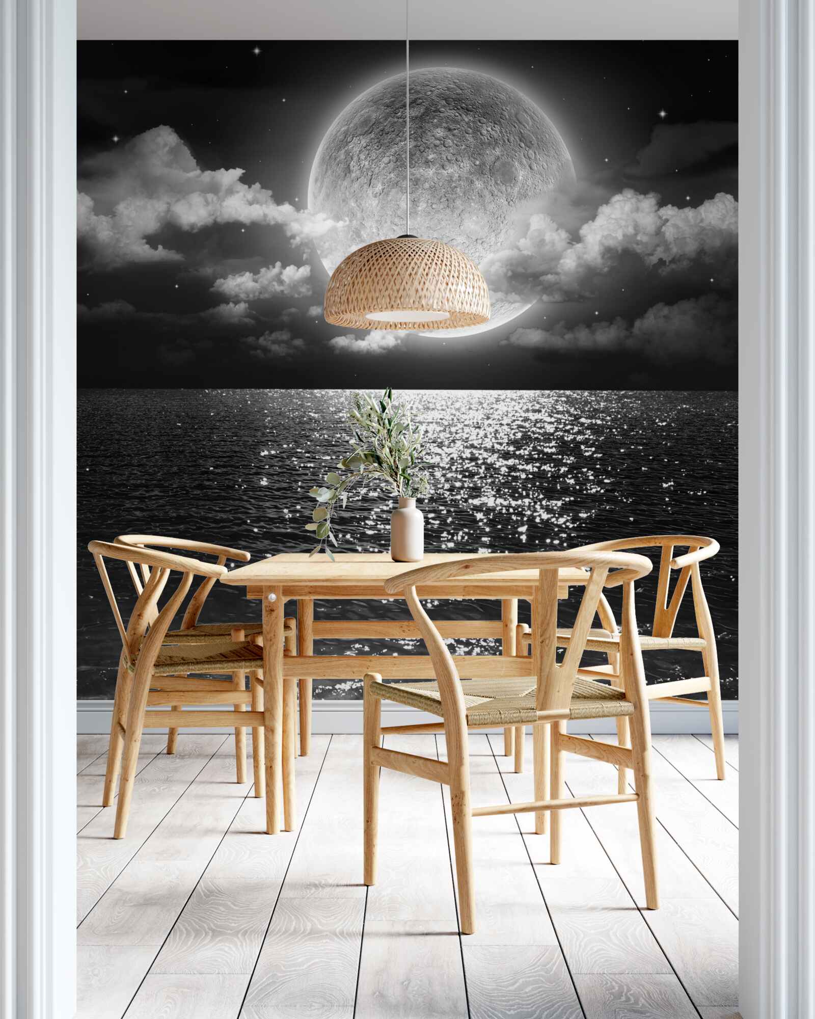 Papier peint coucher de soleil sur la mer sur la lune en noir et blanc