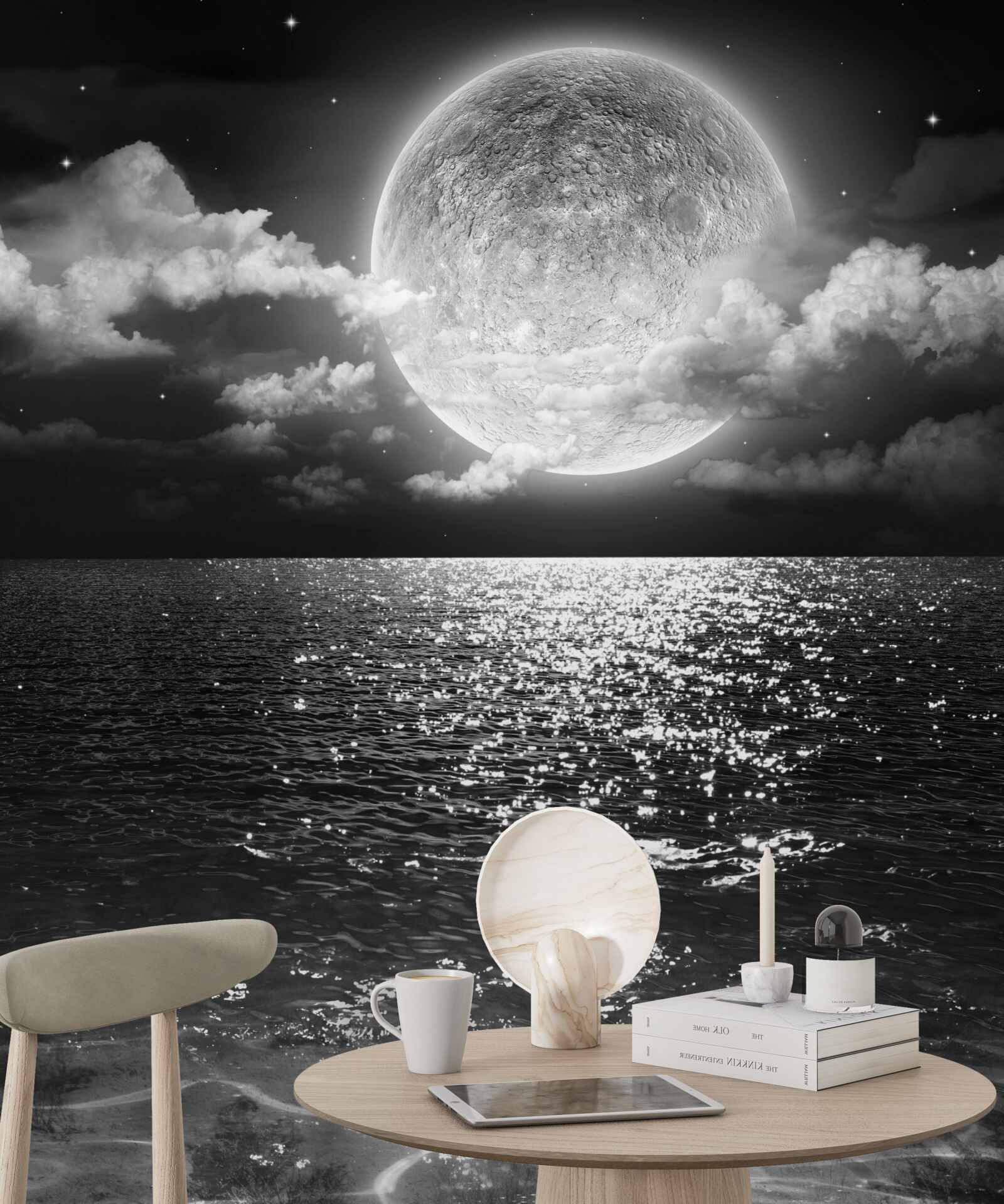 Papier peint coucher de soleil sur la mer sur la lune en noir et blanc