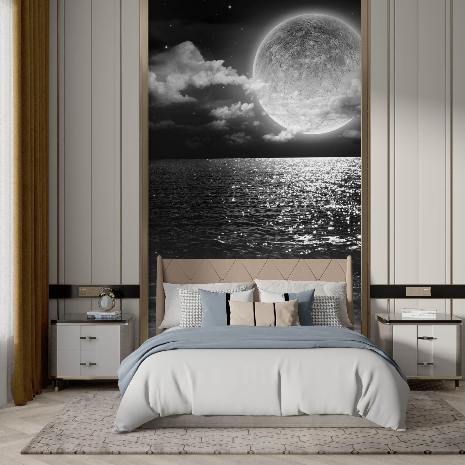 Papier peint coucher de soleil sur la mer sur la lune en noir et blanc