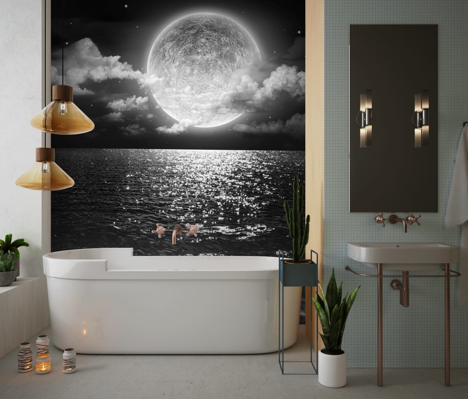 Papier peint coucher de soleil sur la mer sur la lune en noir et blanc