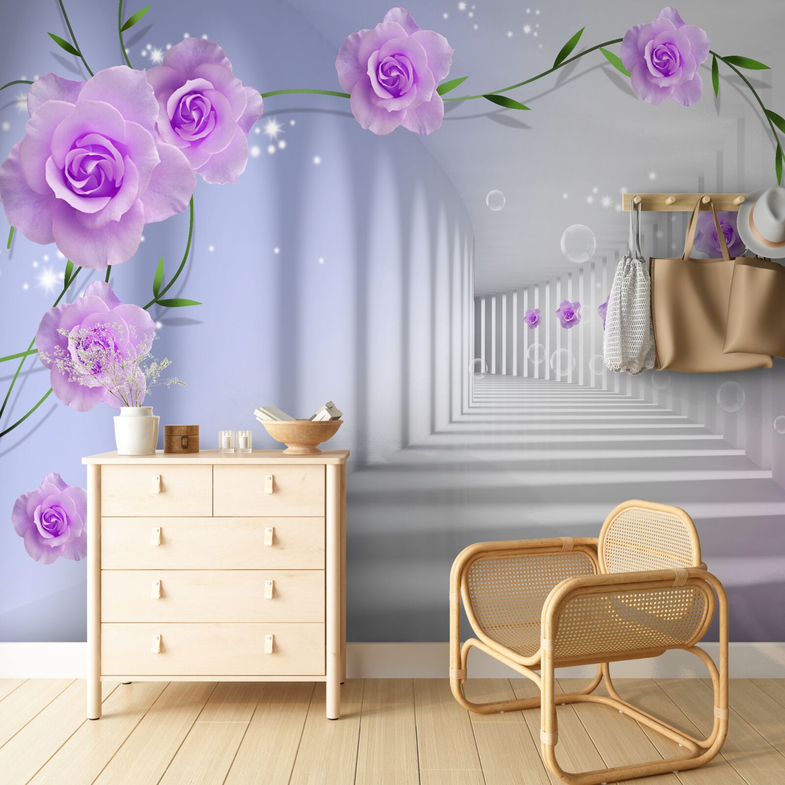 Papier peint rose thé pourpre sur des branches