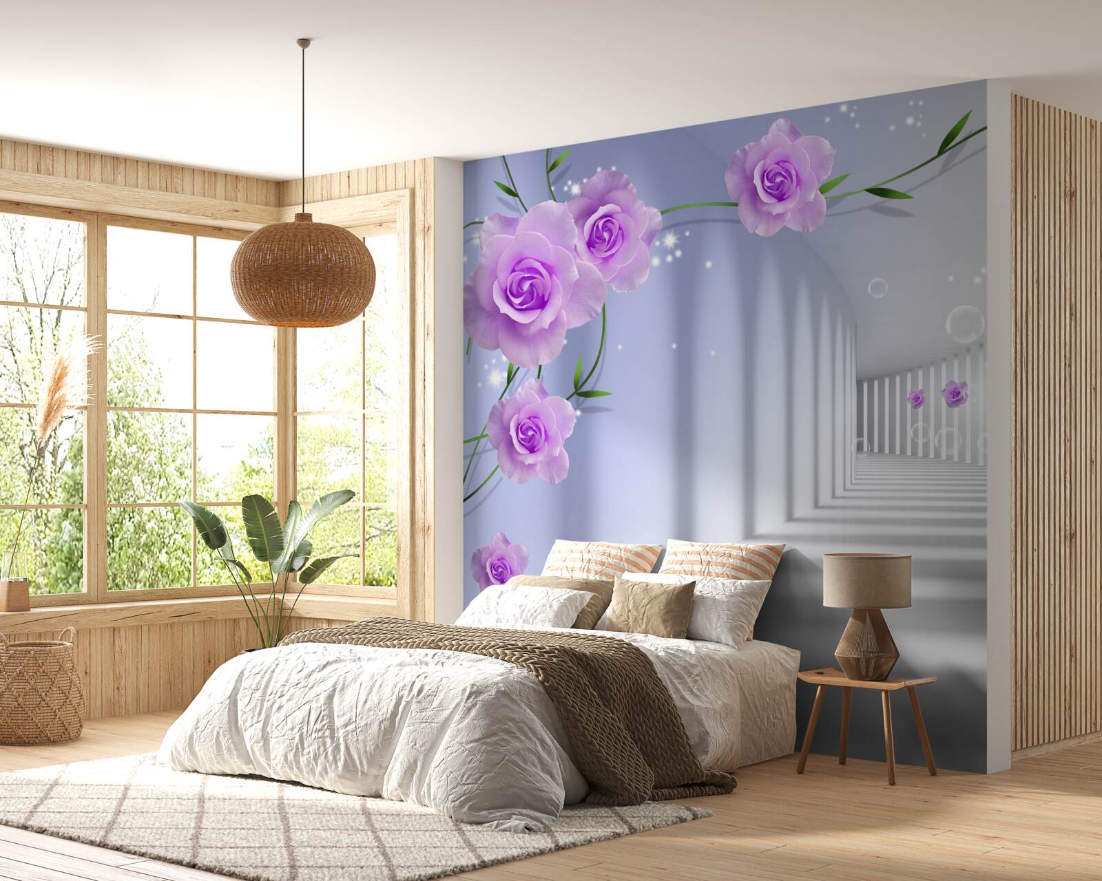 Papier peint rose thé pourpre sur des branches