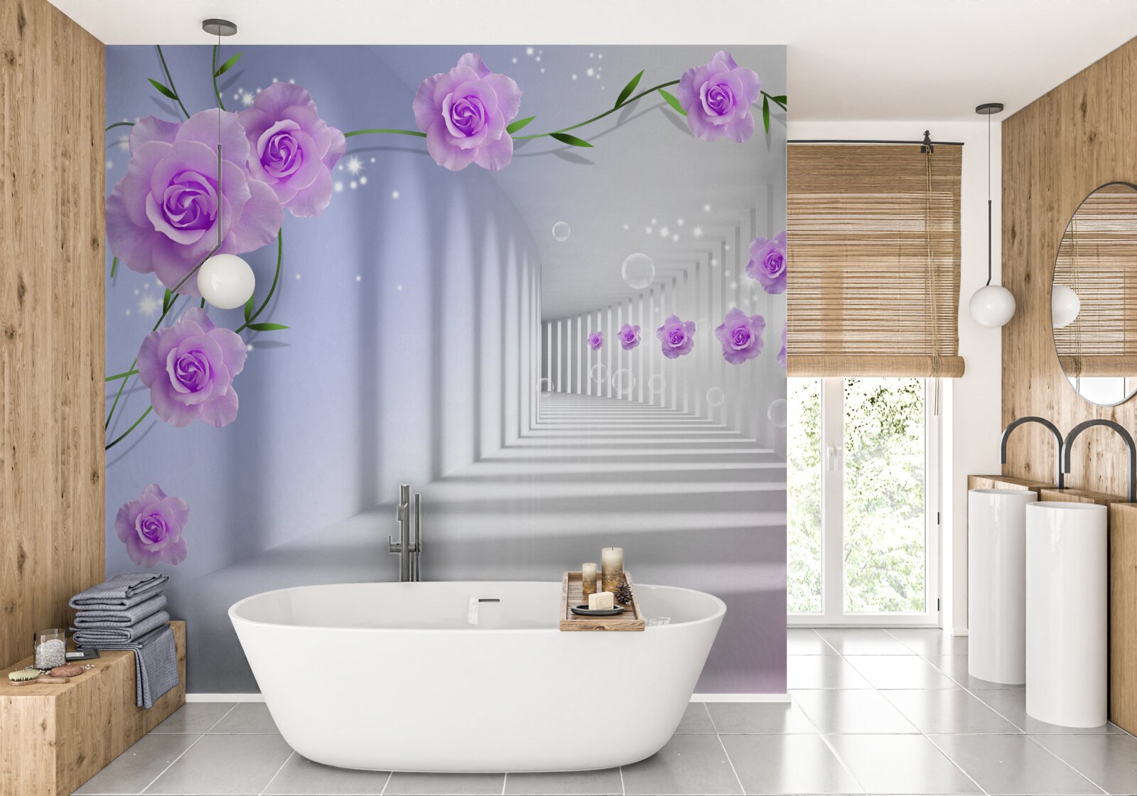 Papier peint rose thé pourpre sur des branches