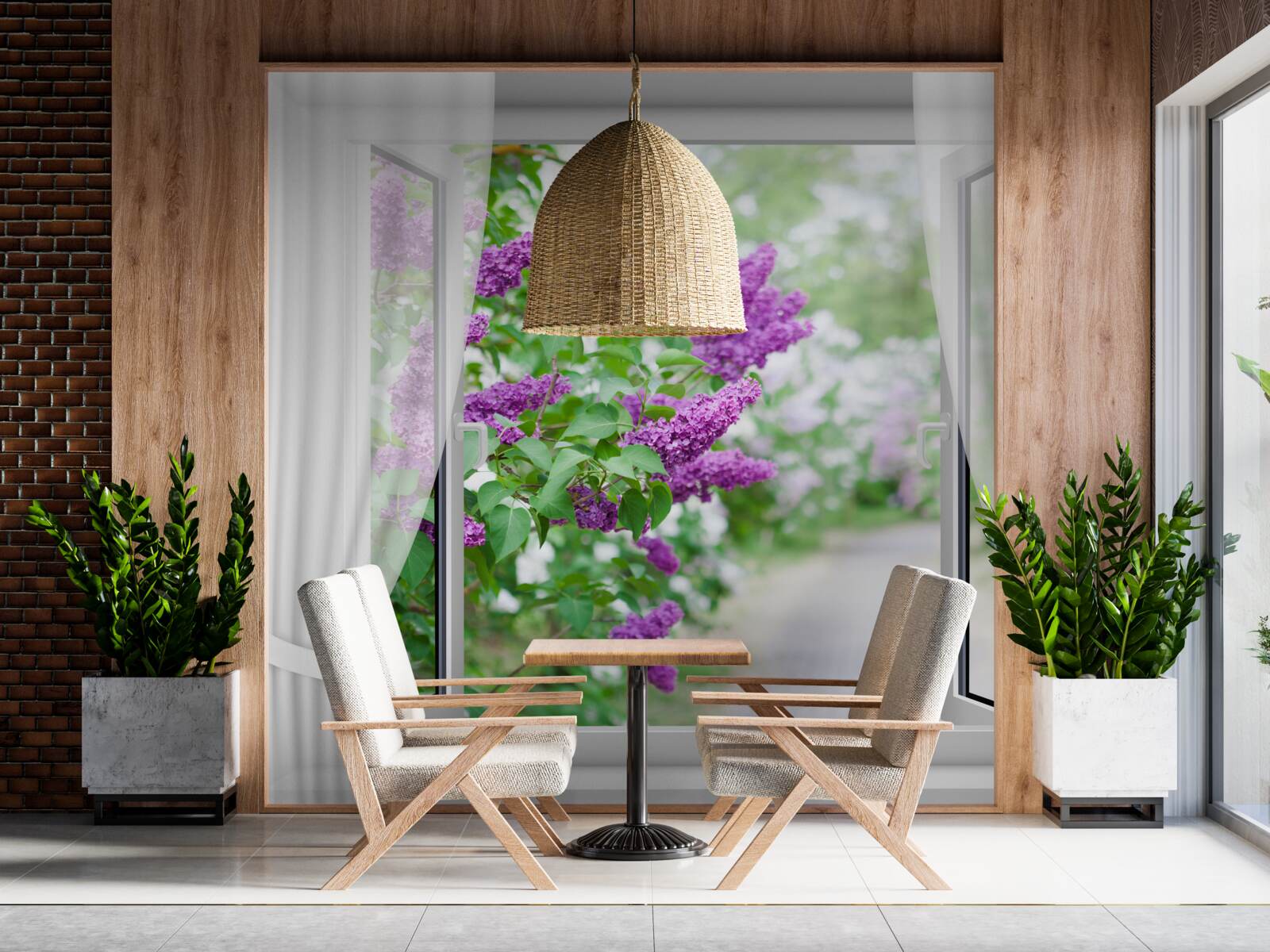 Papier peint la fenêtre blanche est décorée de lilas