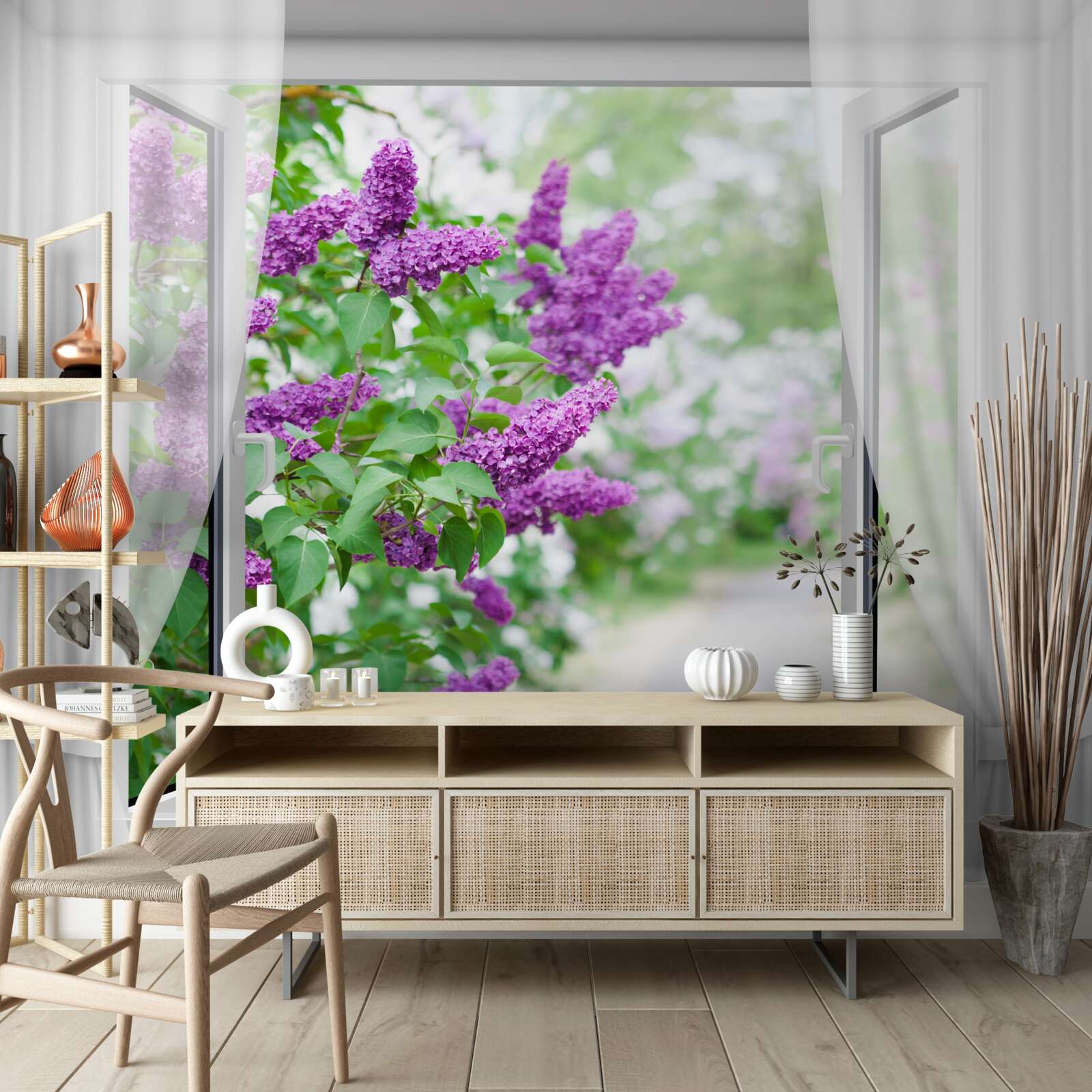 Papier peint la fenêtre blanche est décorée de lilas