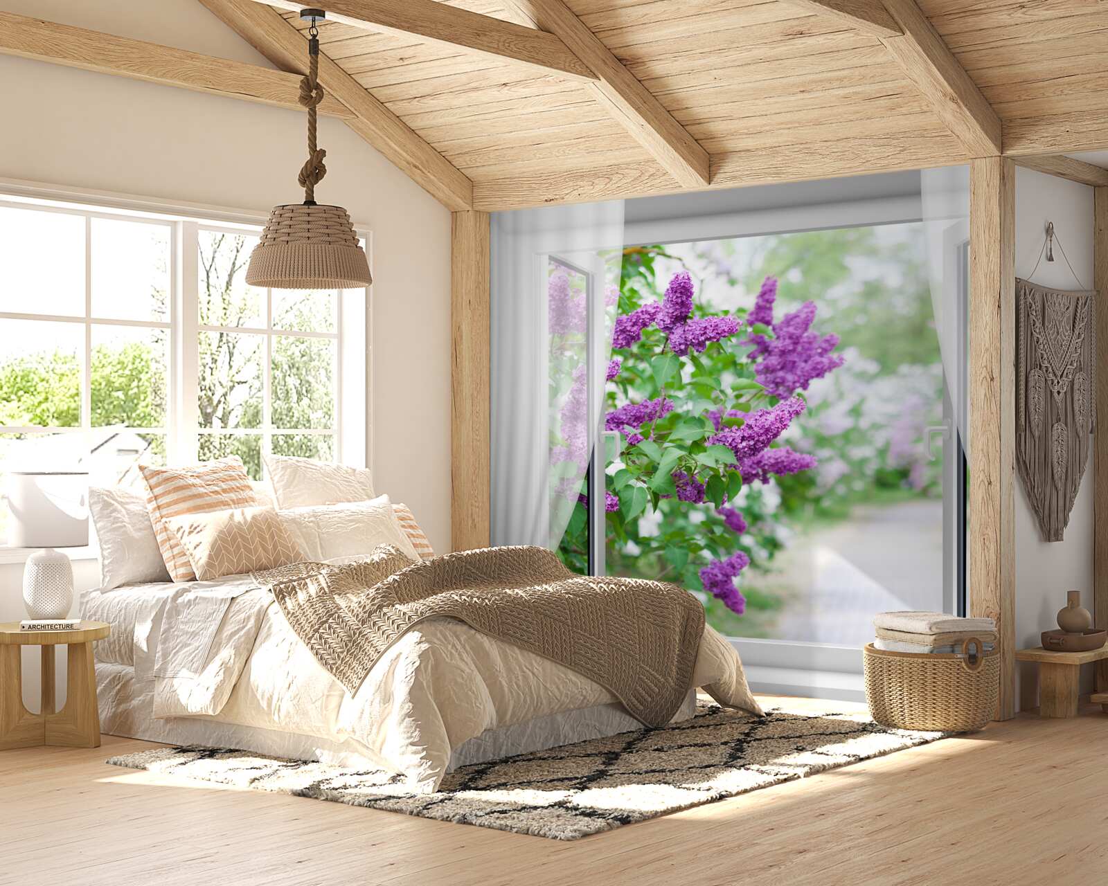 Papier peint la fenêtre blanche est décorée de lilas