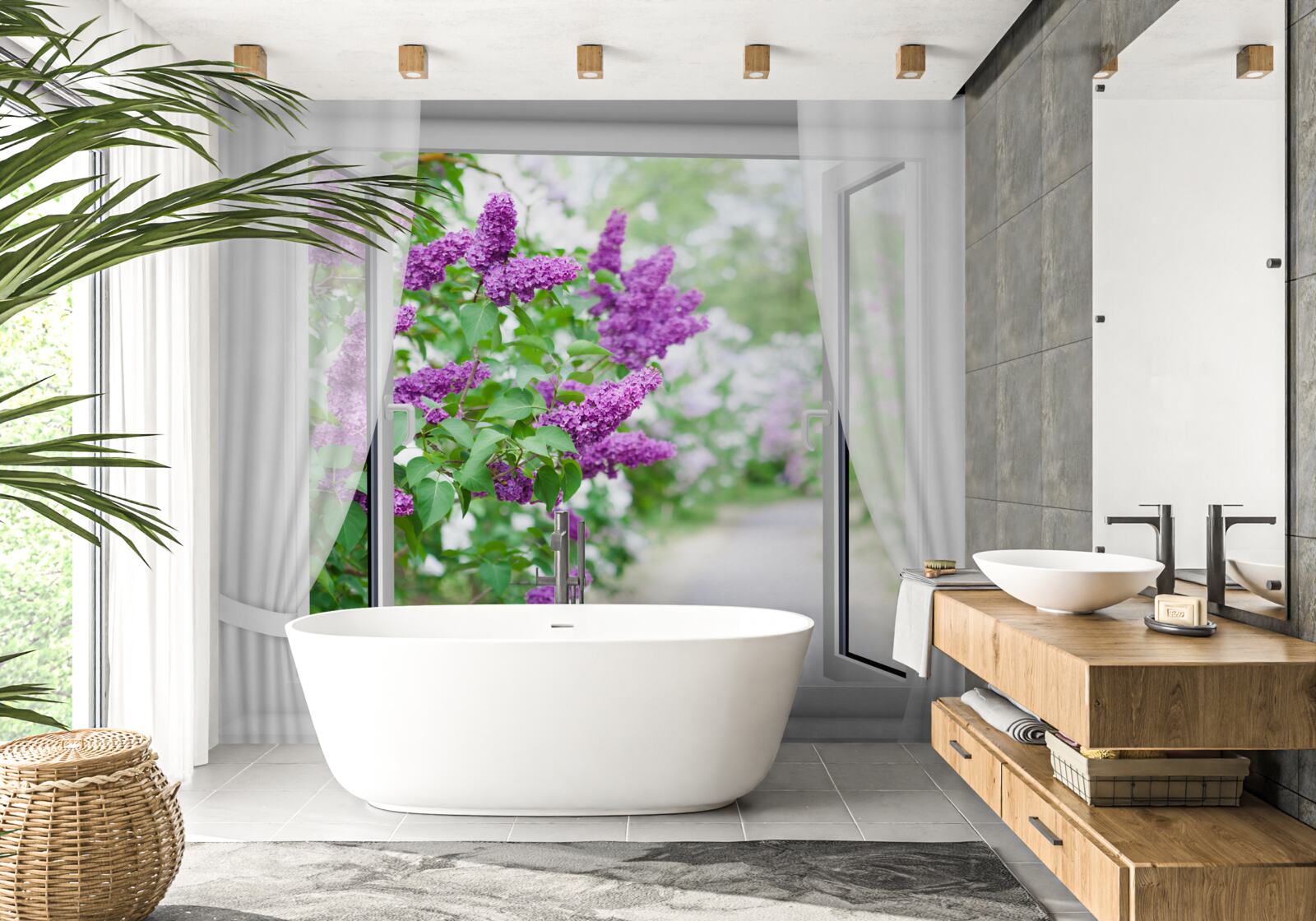 Papier peint la fenêtre blanche est décorée de lilas