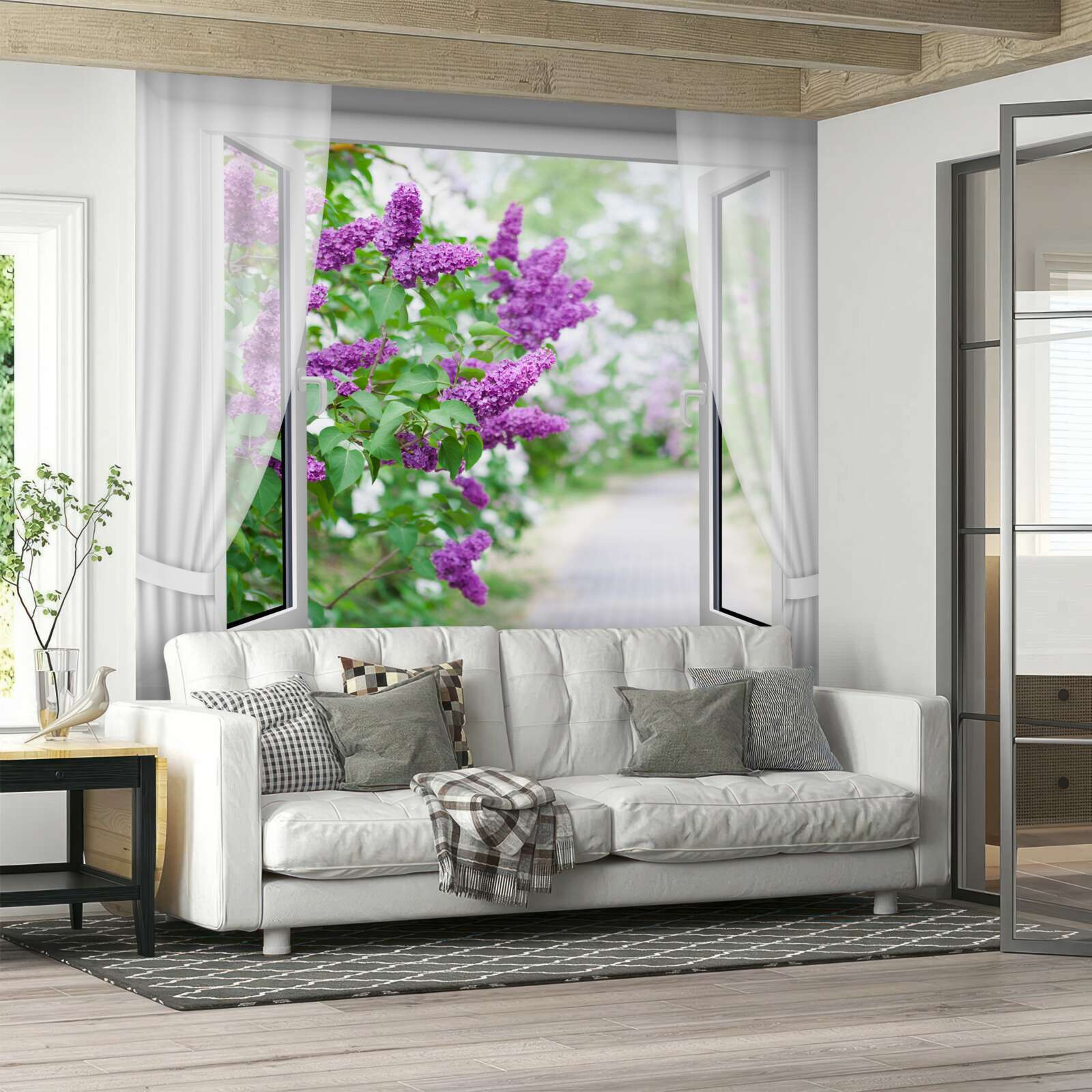 Papier peint la fenêtre blanche est décorée de lilas