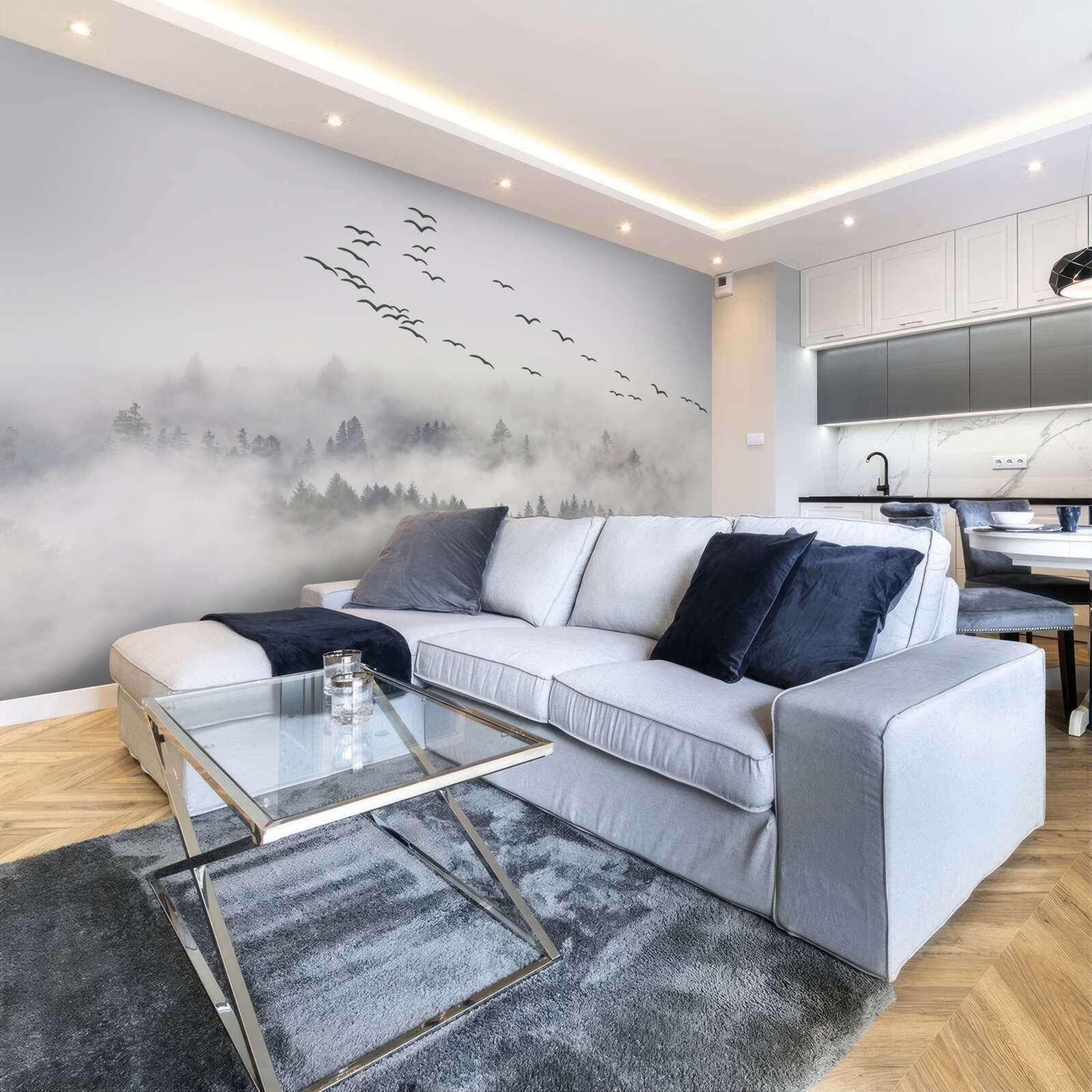 Papier peint Un groupe d'oiseaux sort de la brume, essayant de trouver des terres chaudes et douillettes.