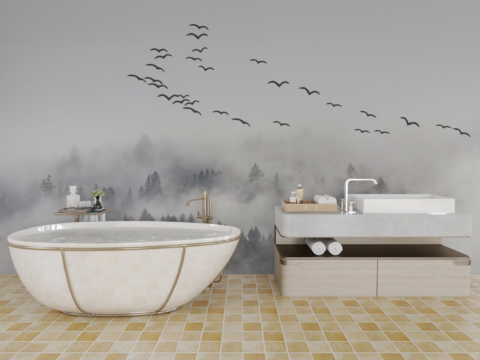 Papier peint Un groupe d'oiseaux sort de la brume, essayant de trouver des terres chaudes et douillettes.