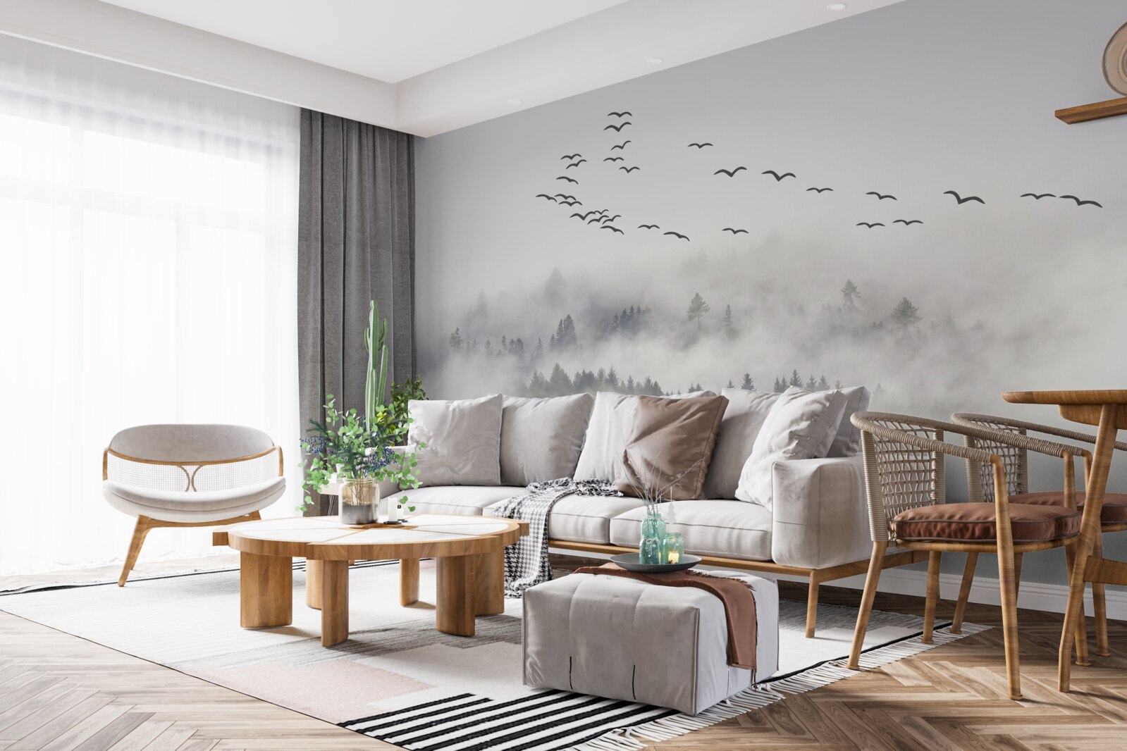 Papier peint Un groupe d'oiseaux sort de la brume, essayant de trouver des terres chaudes et douillettes.