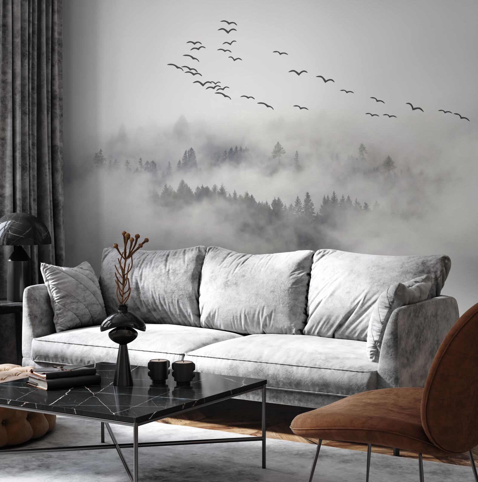 Papier peint Un groupe d'oiseaux sort de la brume, essayant de trouver des terres chaudes et douillettes.