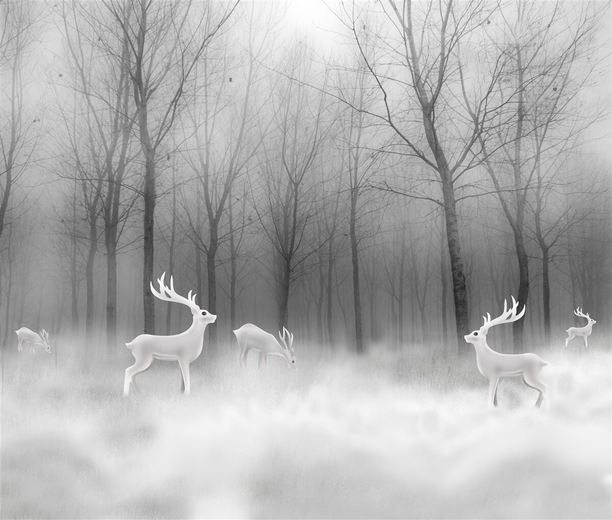 Papier peint un groupe de cerfs se promène dans une forêt brumeuse