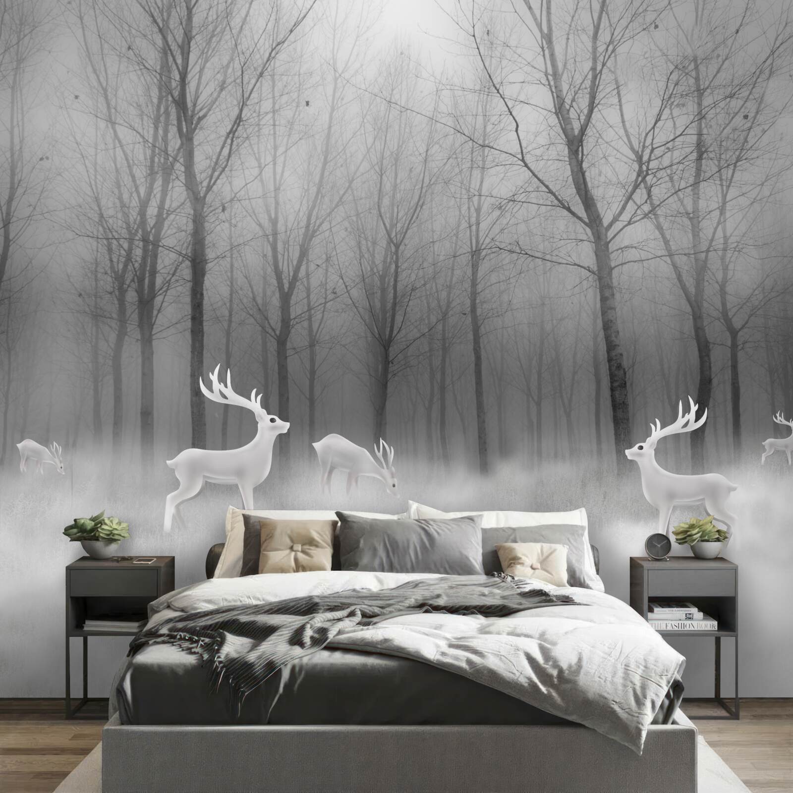 Papier peint un groupe de cerfs se promène dans une forêt brumeuse