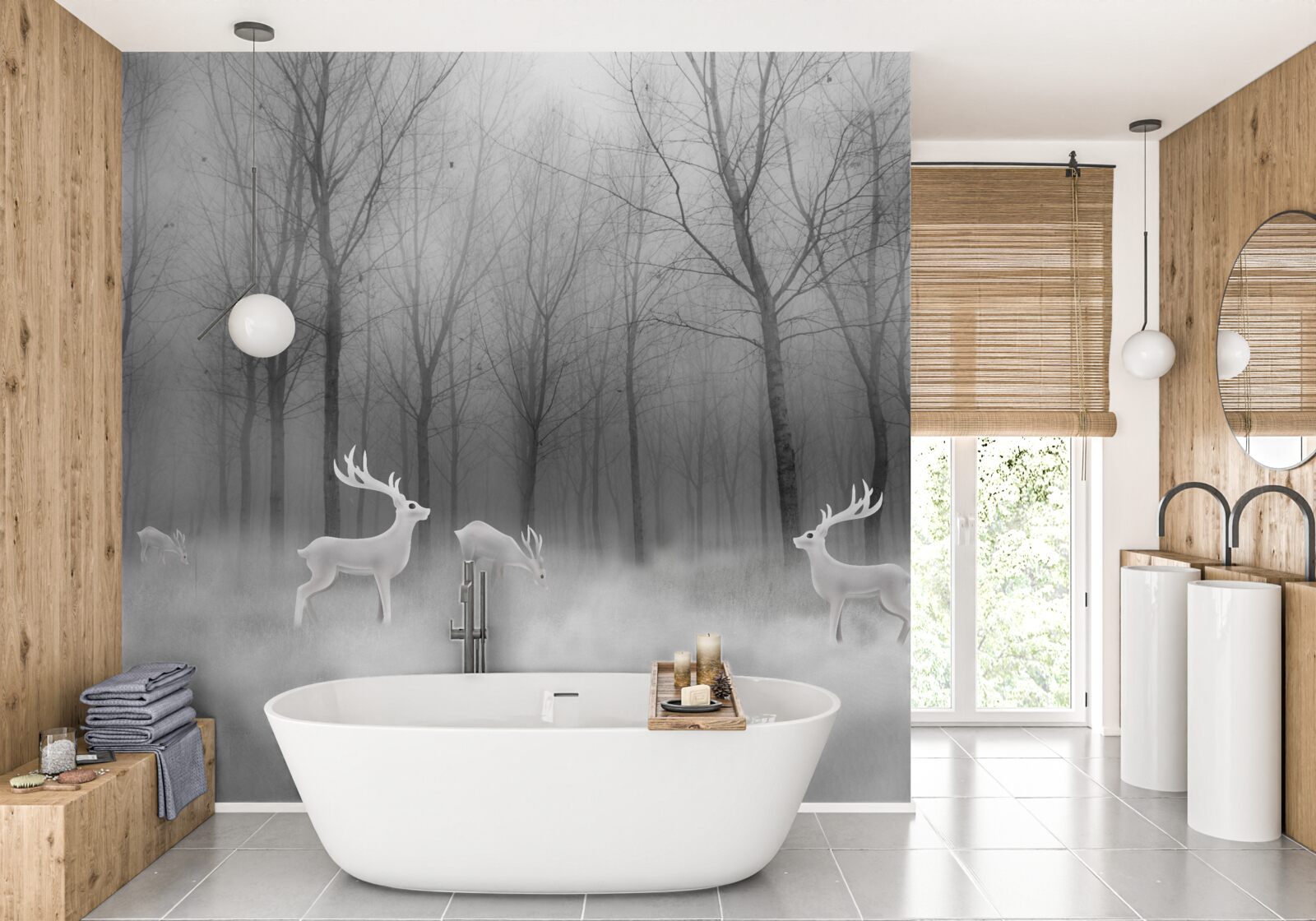 Papier peint un groupe de cerfs se promène dans une forêt brumeuse